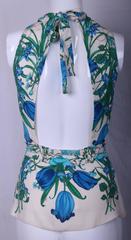 Gucci 100% Silk Floral Print Halter Top w/Keyhole Neckline, Open Back & Belt