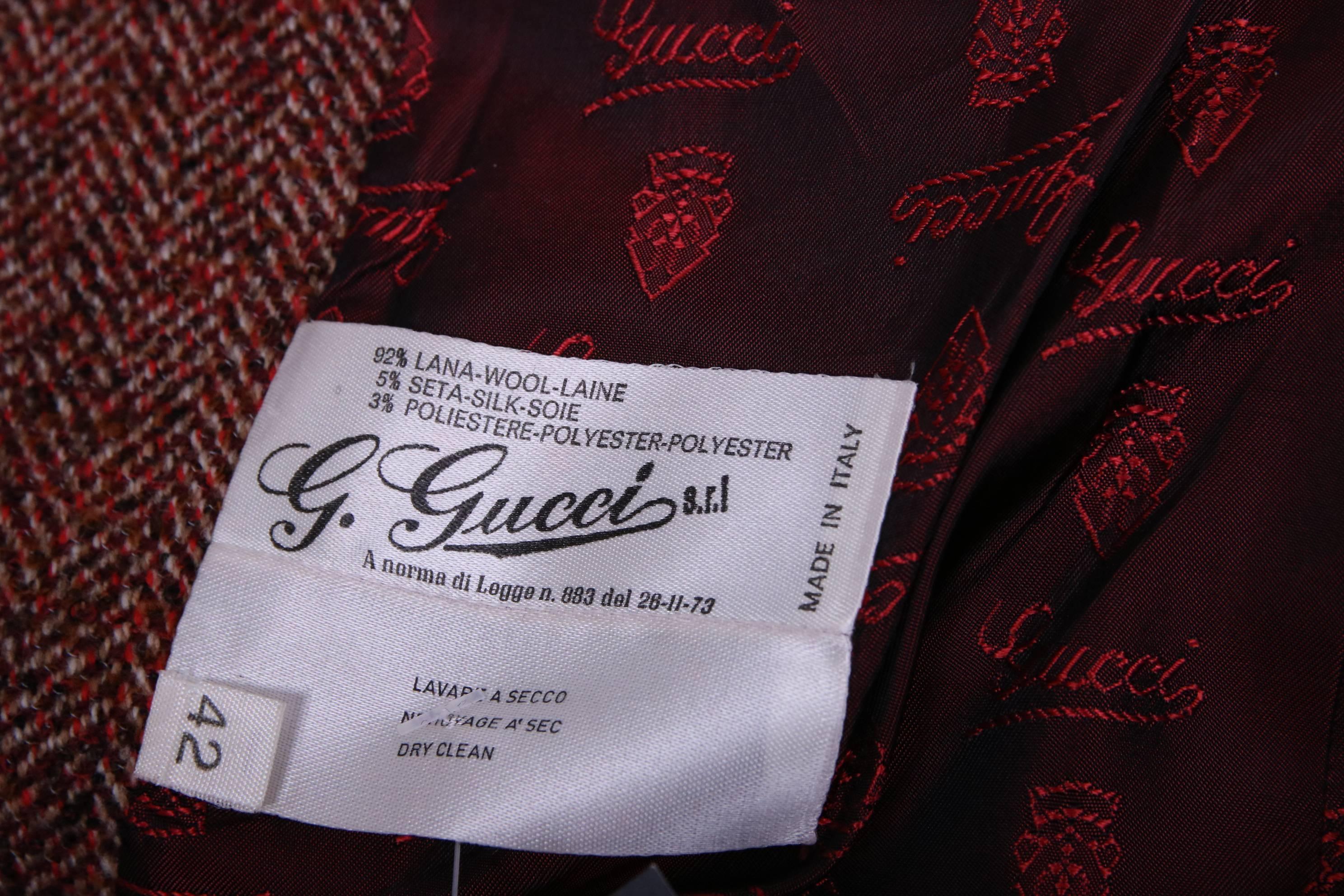 1970's Gucci Tweed Jacket w/Enameled Gucci Logo Buckle & Leather Buttons & Trim 1