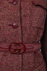 1970's Gucci Tweed Jacket w/Enameled Gucci Logo Buckle & Leather Buttons & Trim