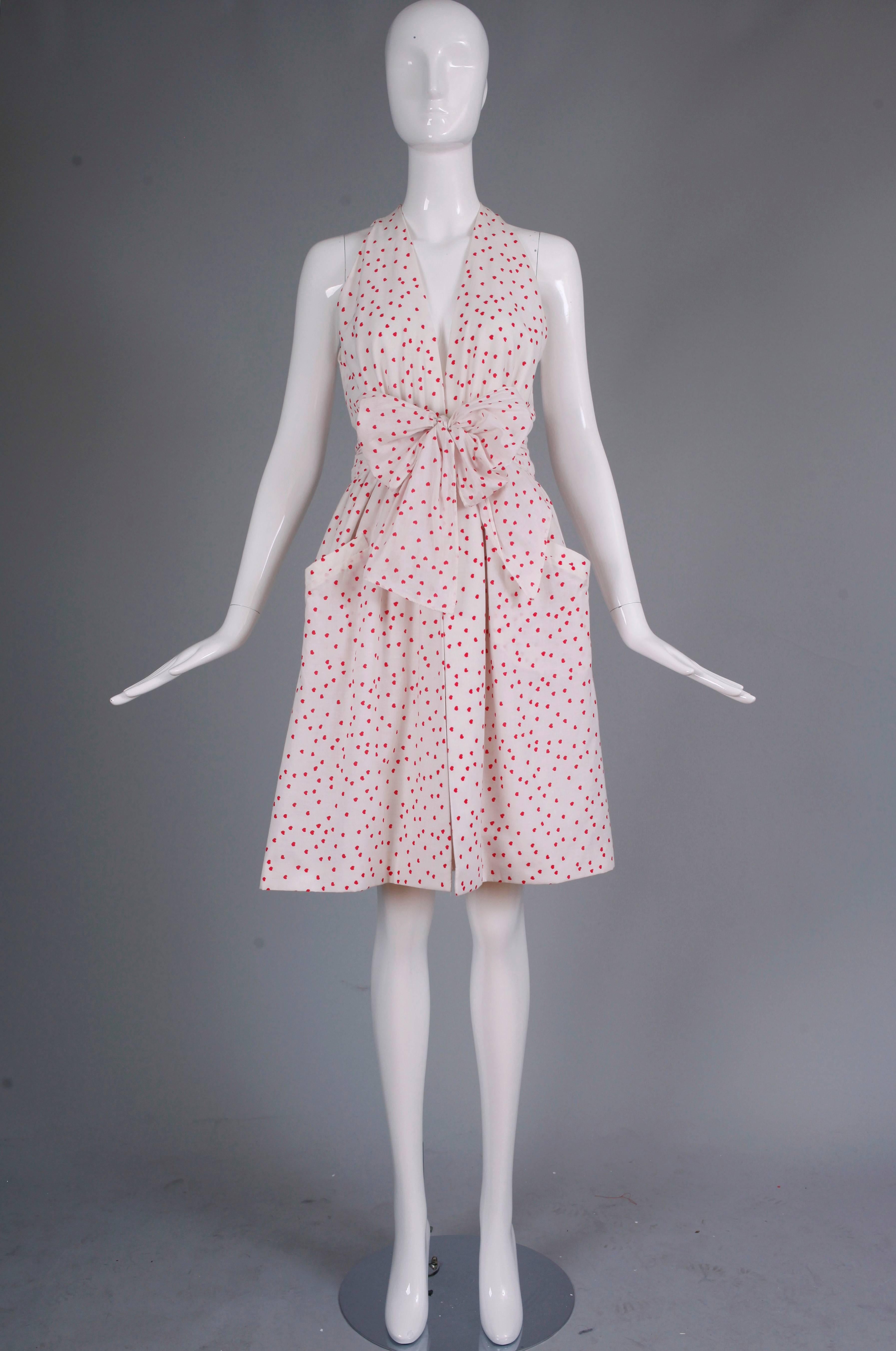 Gray 1970's Halston Red & White Heart Print Cotton Halter Dress w/Self Waist Tie