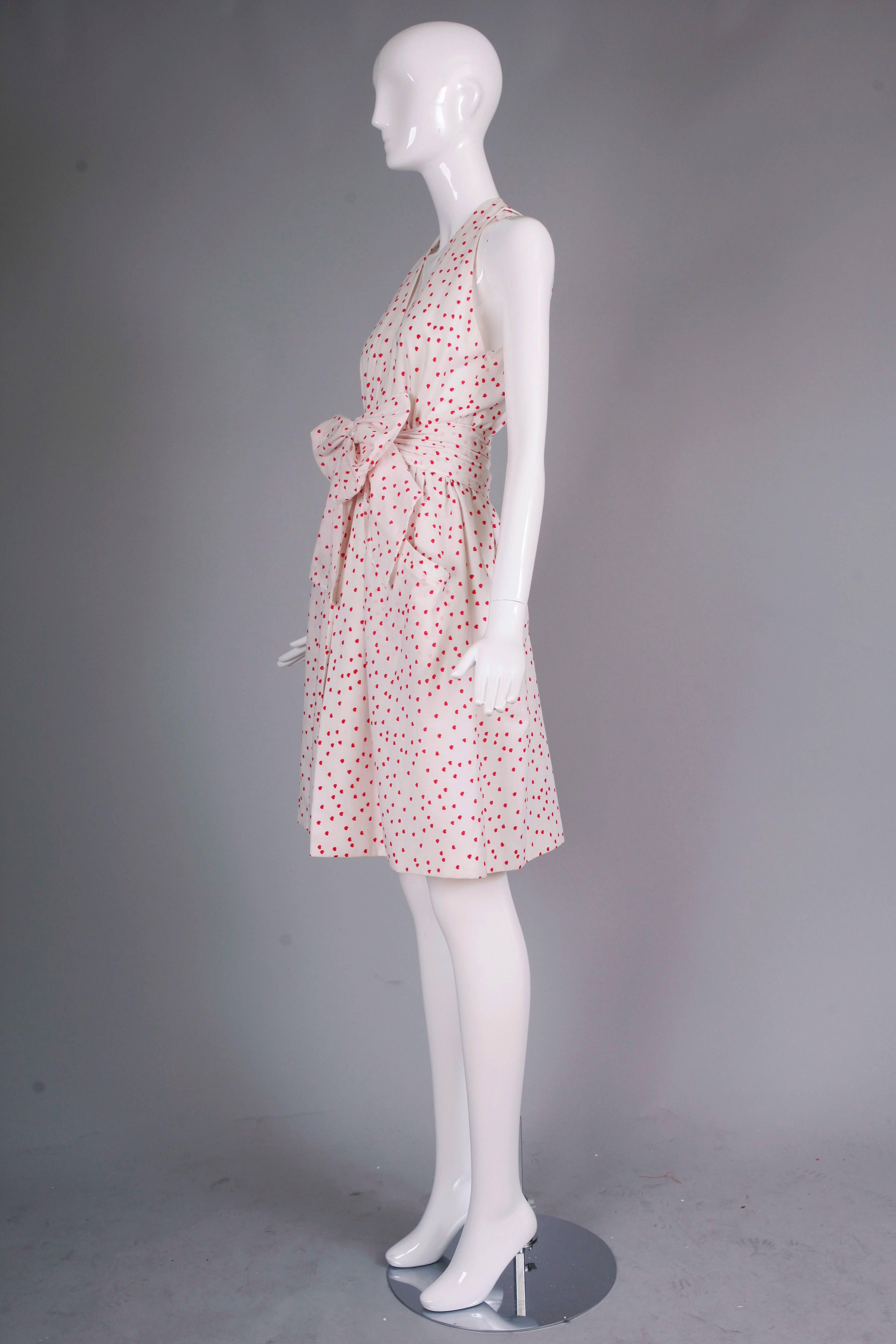 1970's Halston Red & White Heart Print Cotton Halter Dress w/Self Waist Tie In Excellent Condition In Studio City, CA