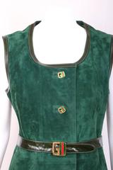 1970's Gucci Green Suede Dress w/Leather Trim & Enamel Gucci Logo Buttons
