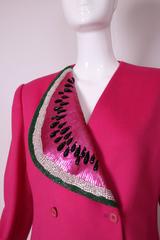 1983 Bill Blass Shocking Pink Double-Breasted Wool Jacket w/Beaded Watermelon