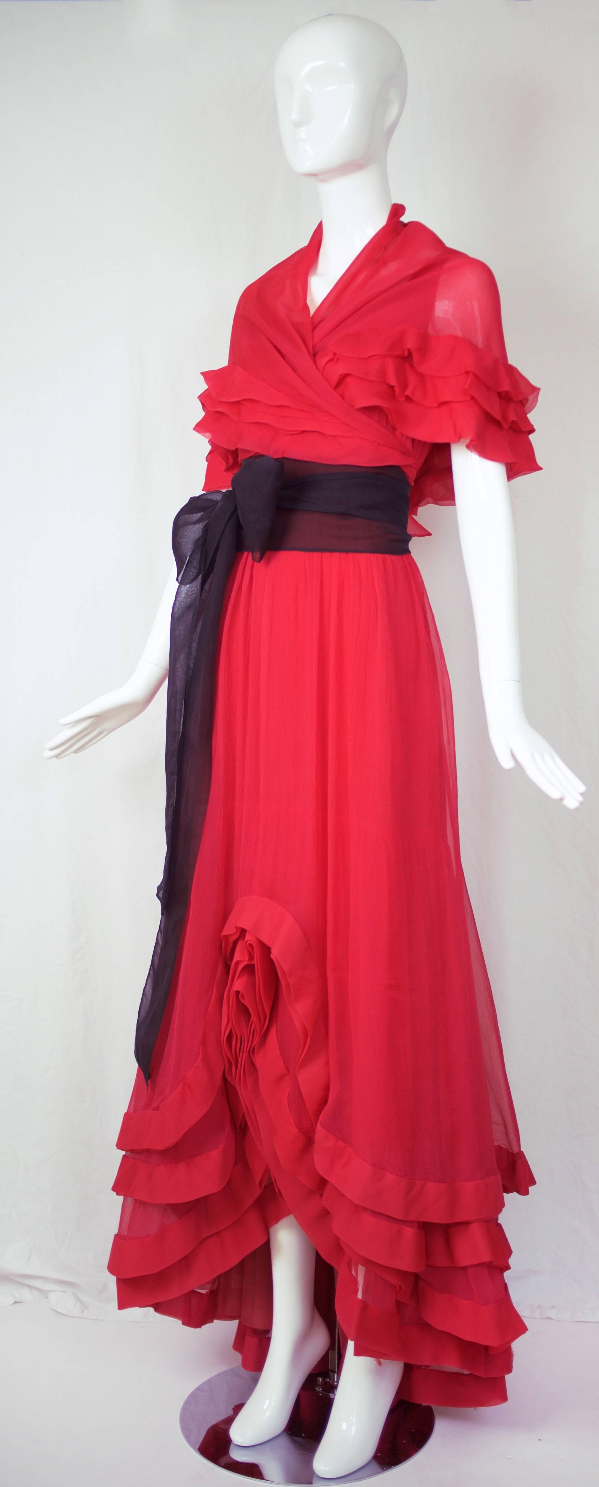 Valentino Couture Silk Chiffon Gown w/Tiered Waterfall Hem & Sash Circa1968/1970 1