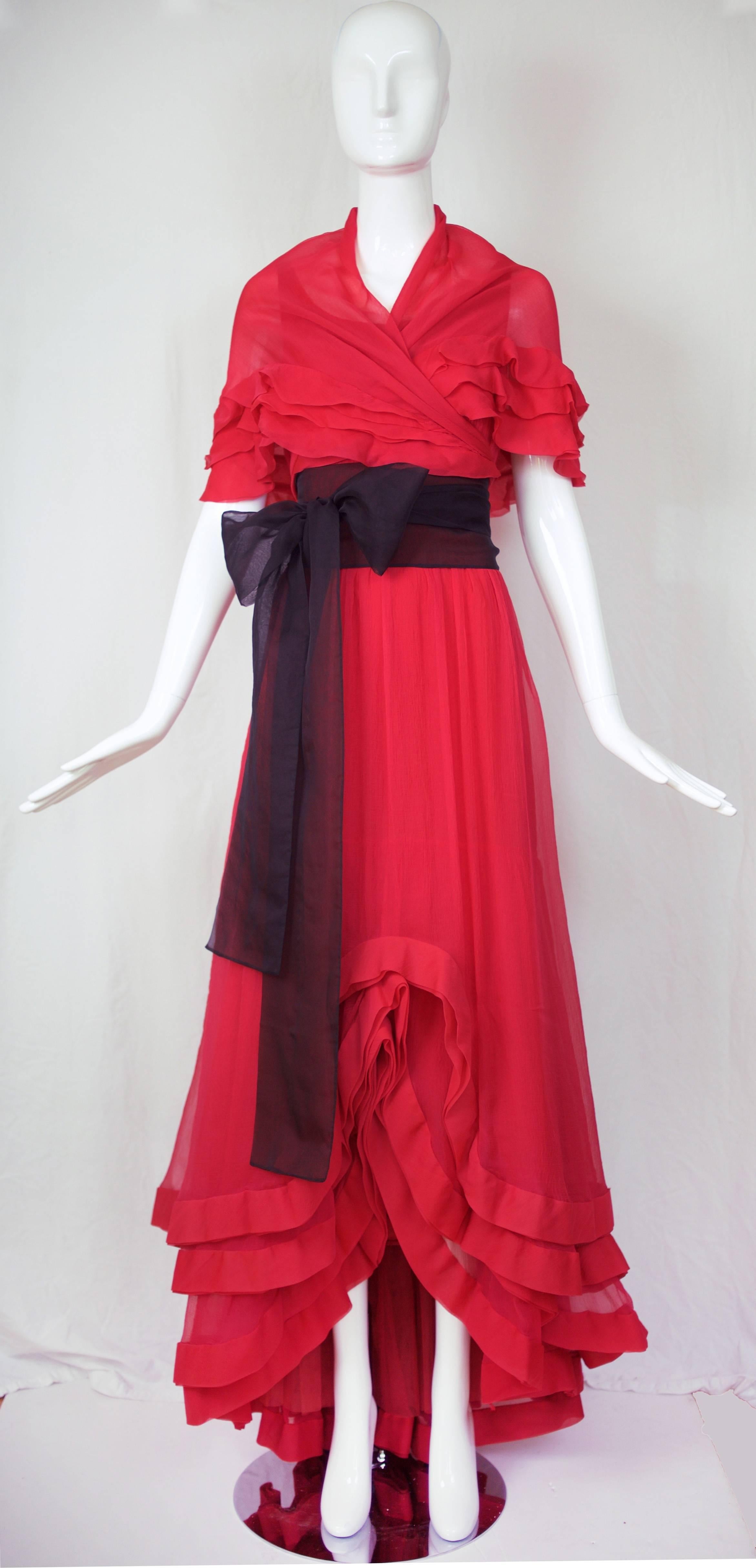 Valentino Couture Silk Chiffon Gown w/Tiered Waterfall Hem & Sash Circa1968/1970 In Excellent Condition In Studio City, CA