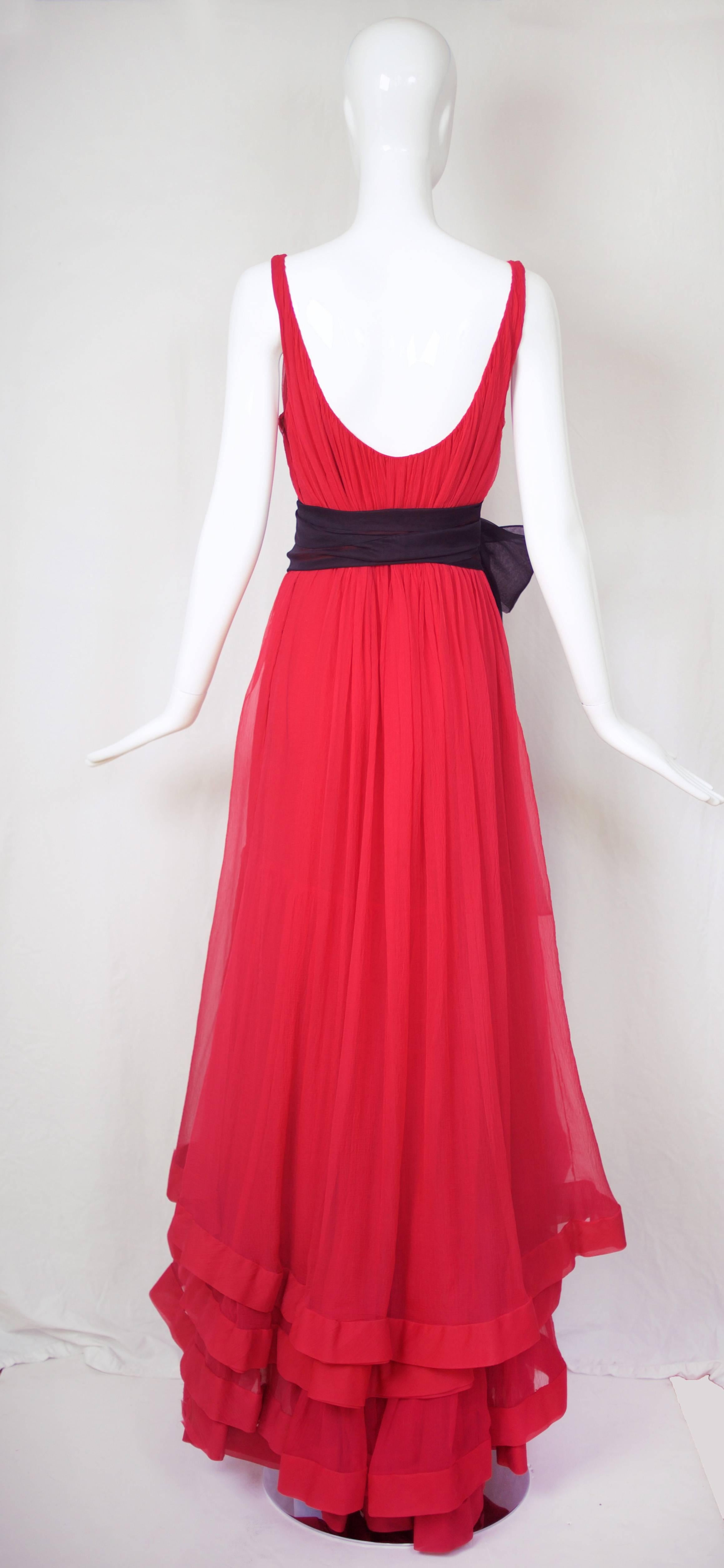Valentino Couture Silk Chiffon Gown w/Tiered Waterfall Hem & Sash Circa1968/1970 2