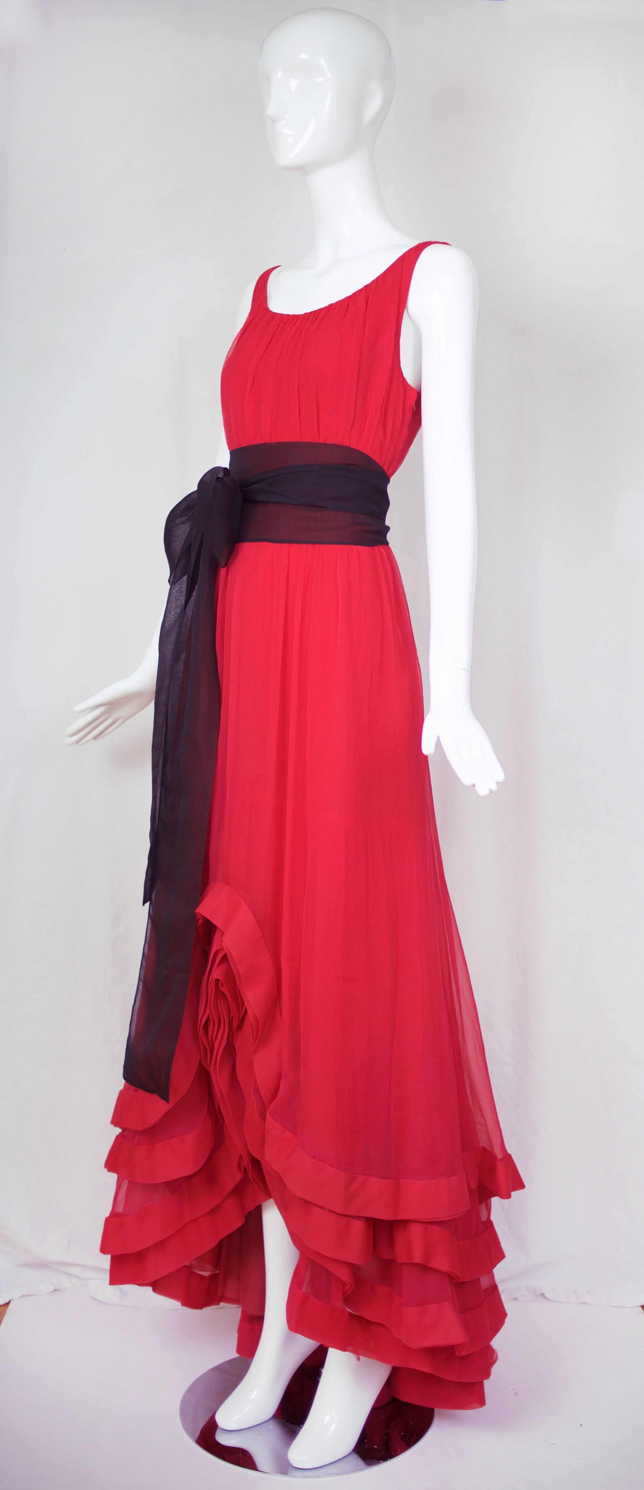 Women's Valentino Couture Silk Chiffon Gown w/Tiered Waterfall Hem & Sash Circa1968/1970