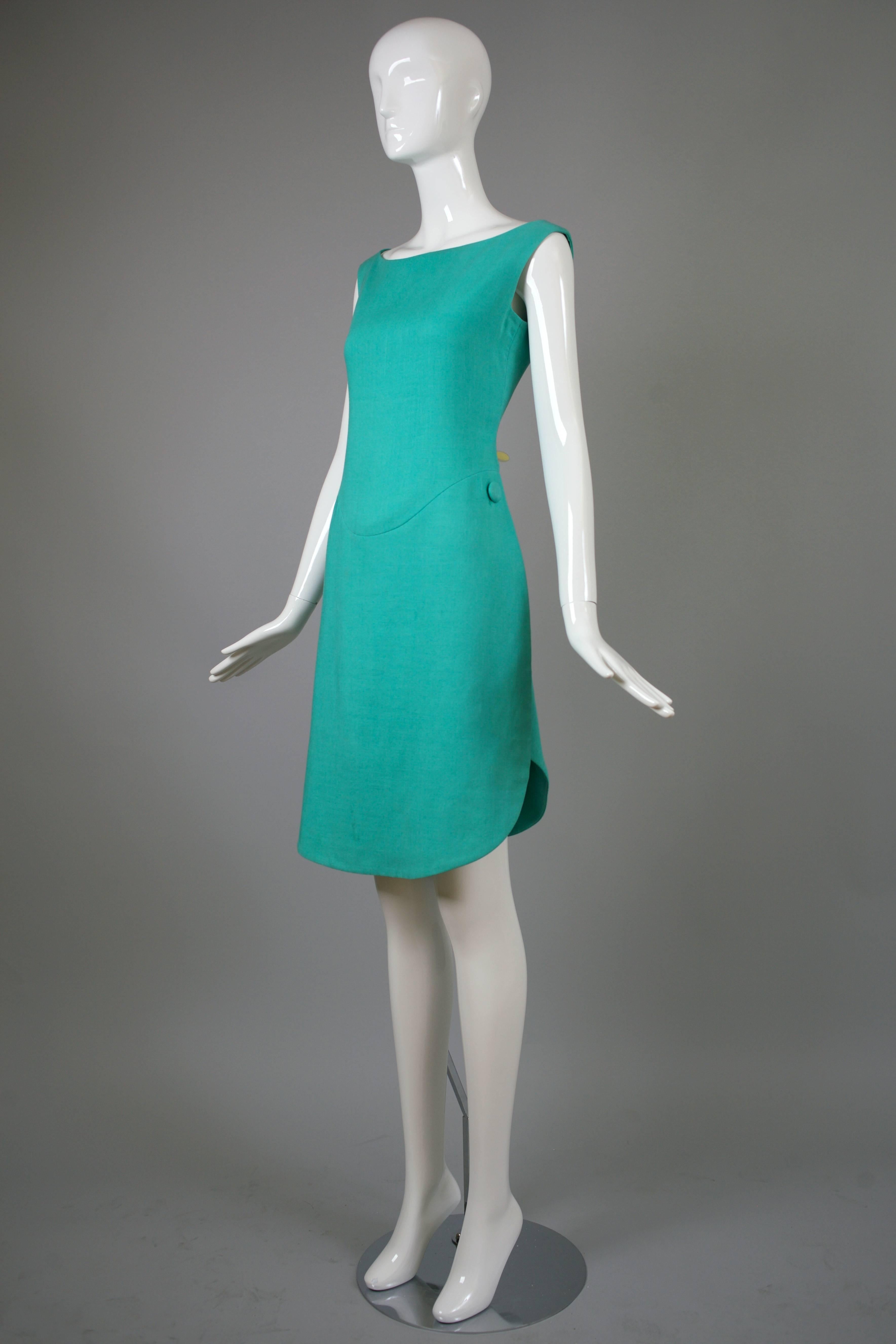 Blue 1960's Geoffrey Beene Aqua Linen Boatneck Shift Dress w/Tulip Hemline
