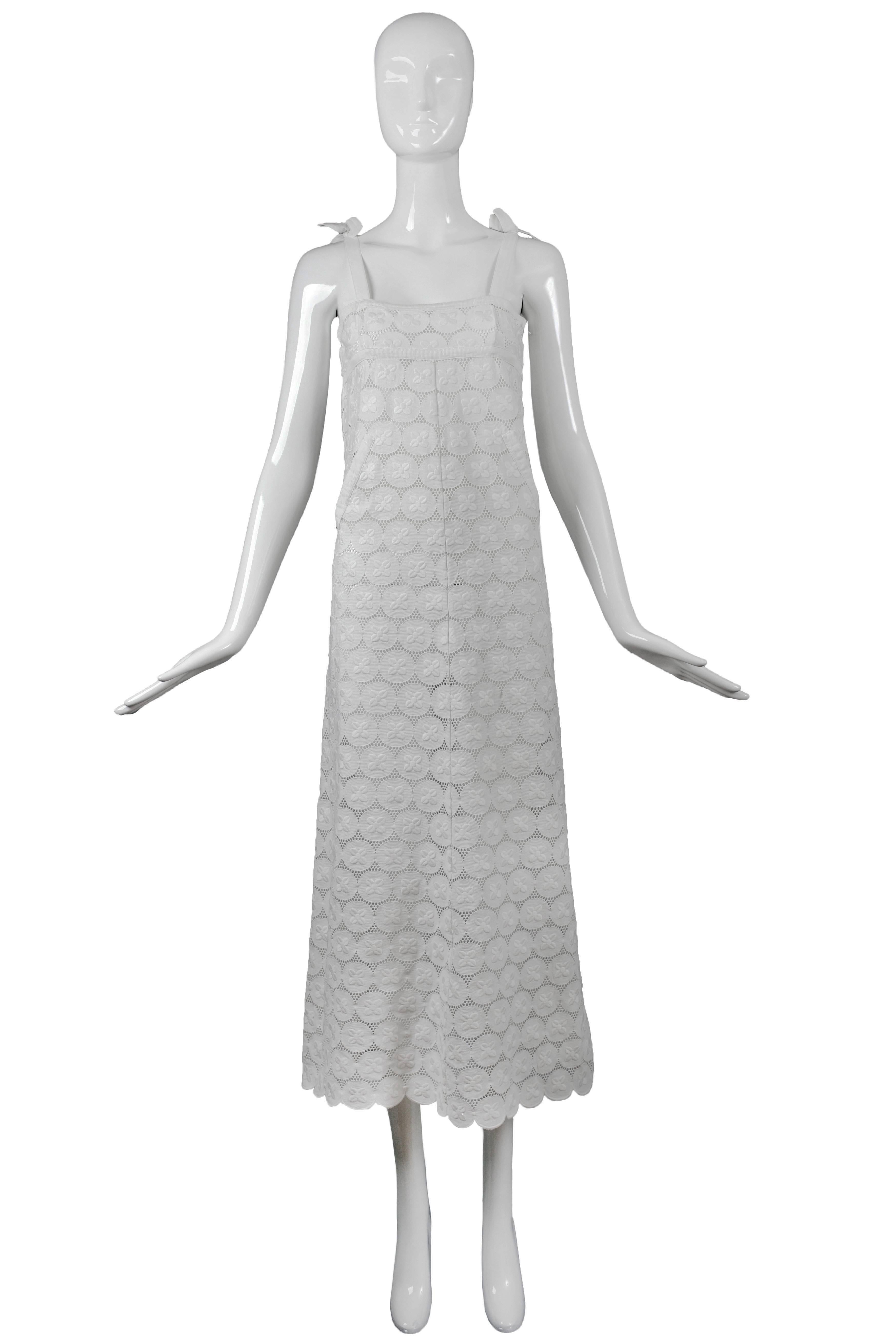 Gray Rare Andre Courreges 100% Cotton White Eyelet Empire Waisted Maxi Dress