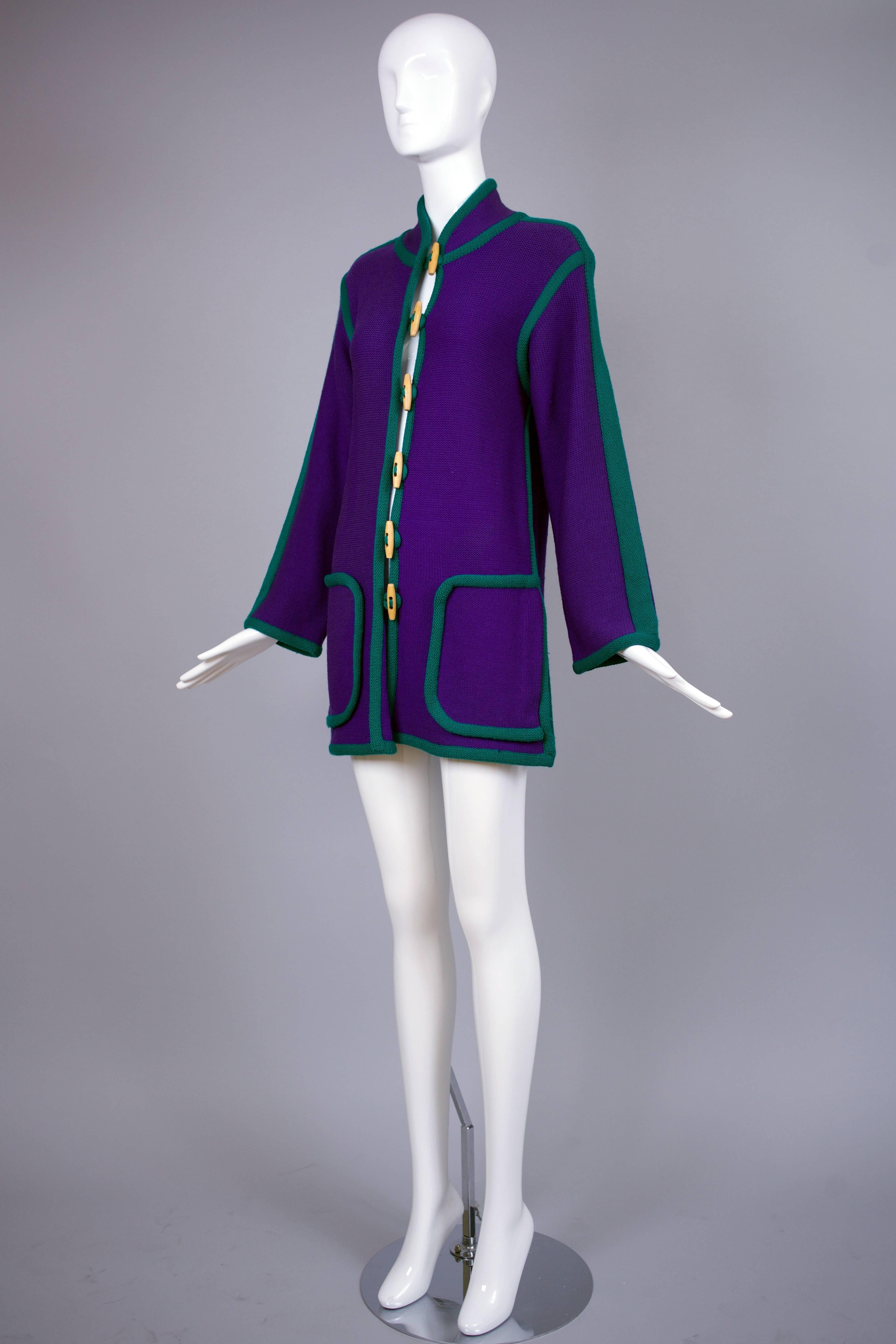 Vintage Yves Saint Laurent Purple Wool Knit Cardigan w/Green Trim&Toggle Buttons In Good Condition In Studio City, CA