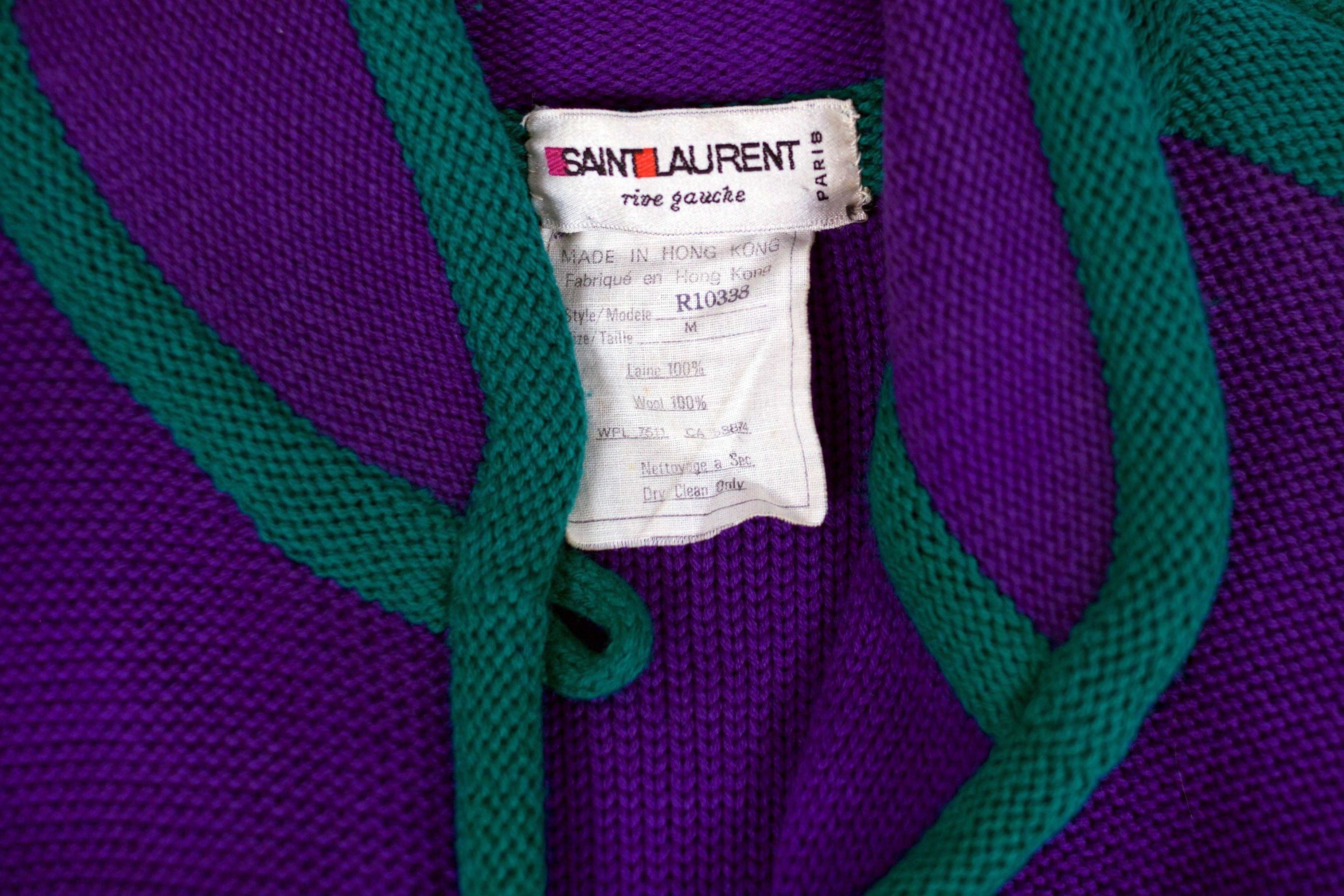Women's Vintage Yves Saint Laurent Purple Wool Knit Cardigan w/Green Trim&Toggle Buttons