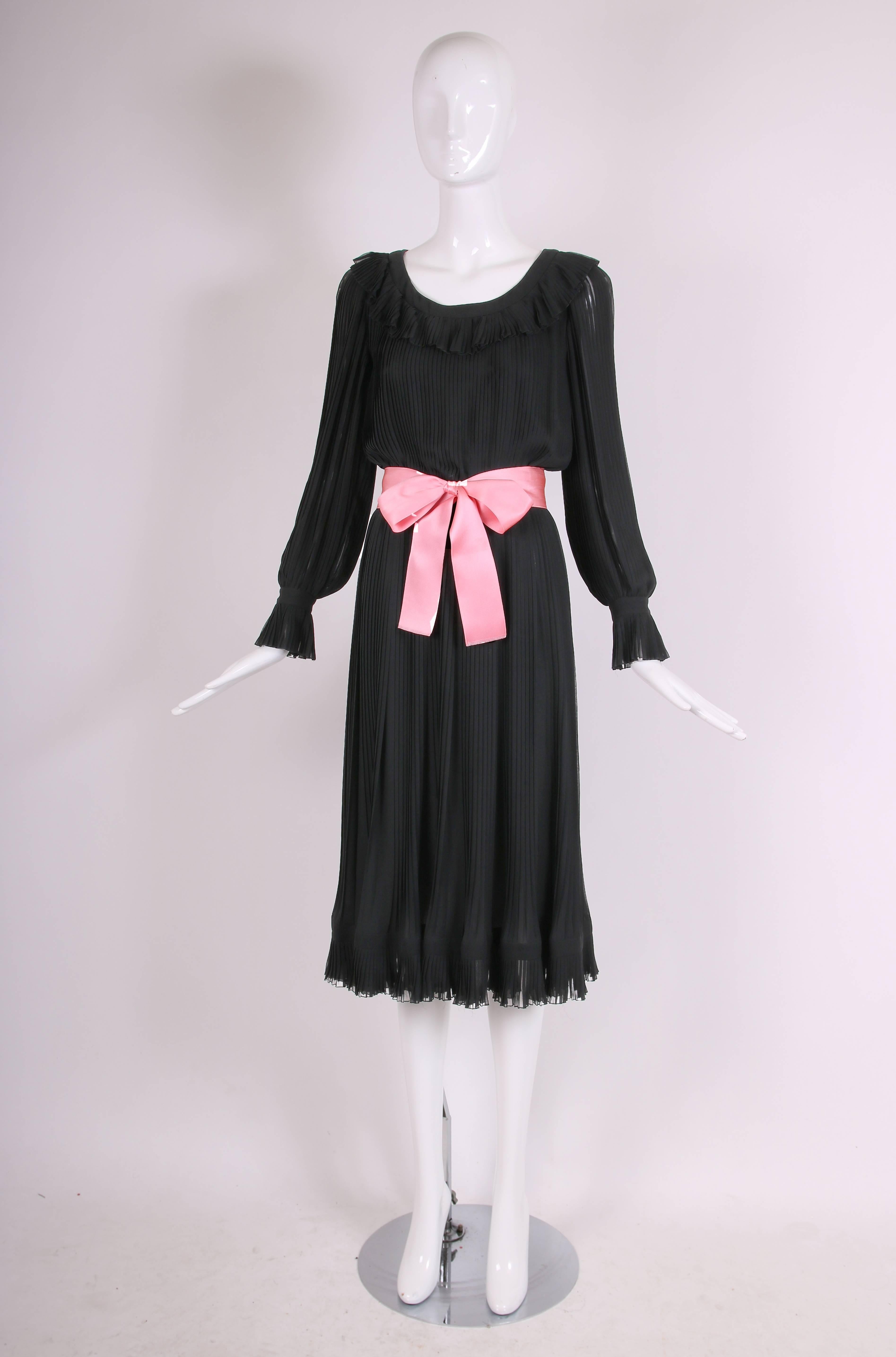 1974 Christian Dior Haute Couture Black Silk Chiffon Pleated Dress No.00299I In Excellent Condition For Sale In Studio City, CA