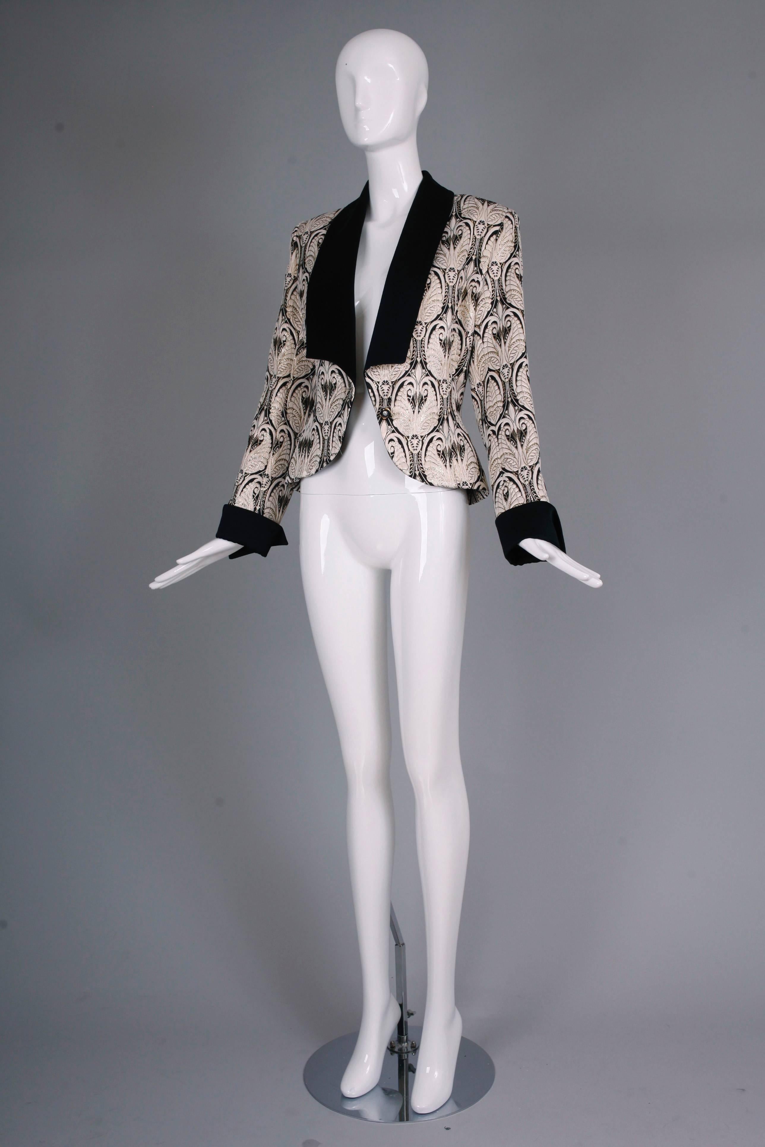 Patrick Kelly Gold, Black & White Brocade Strapless Cocktail Dress & Jacket In Excellent Condition In Studio City, CA