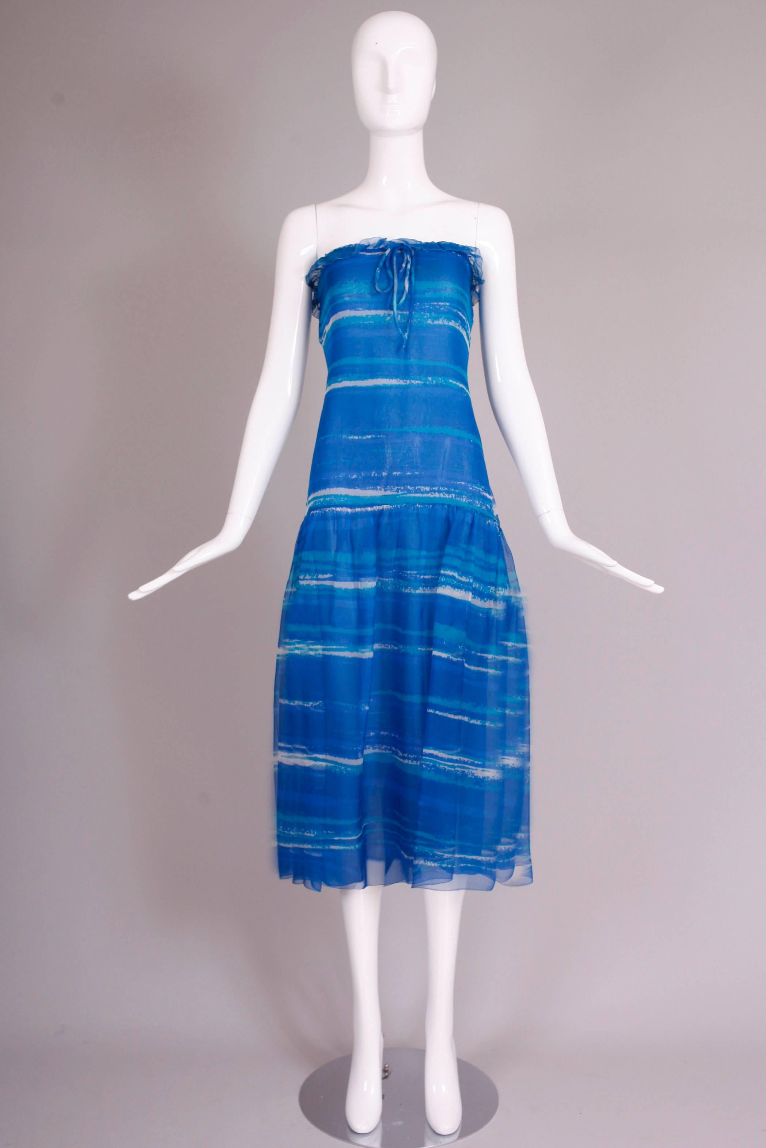 Blue 1977 Christian Dior Haute Couture Chiffon Watercolor Print Dress & Cape No.0888