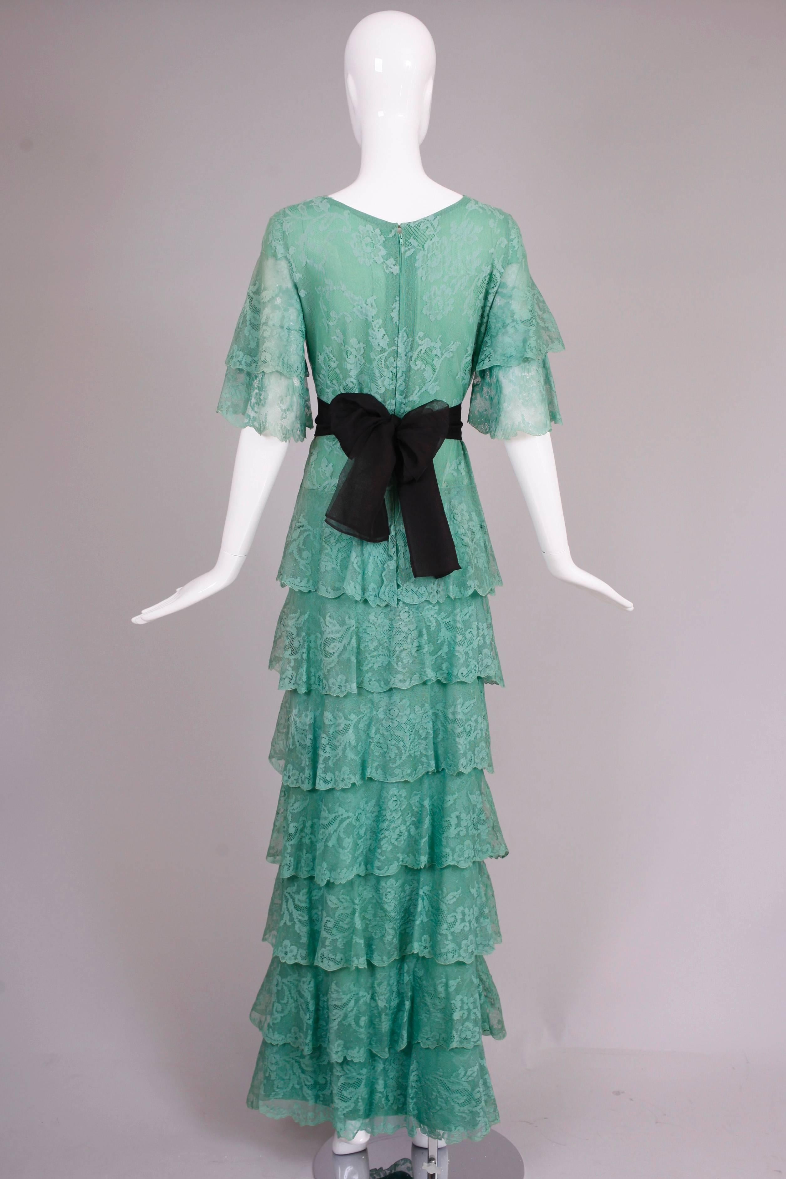 Blue Pierre Cardin Haute Couture Seafoam Green Tiered Lace Evening Gown Dress