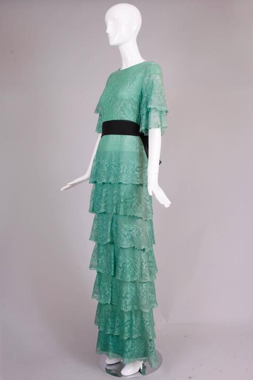 Pierre Cardin Haute Couture Seafoam Green Tiered Lace Evening Gown ...