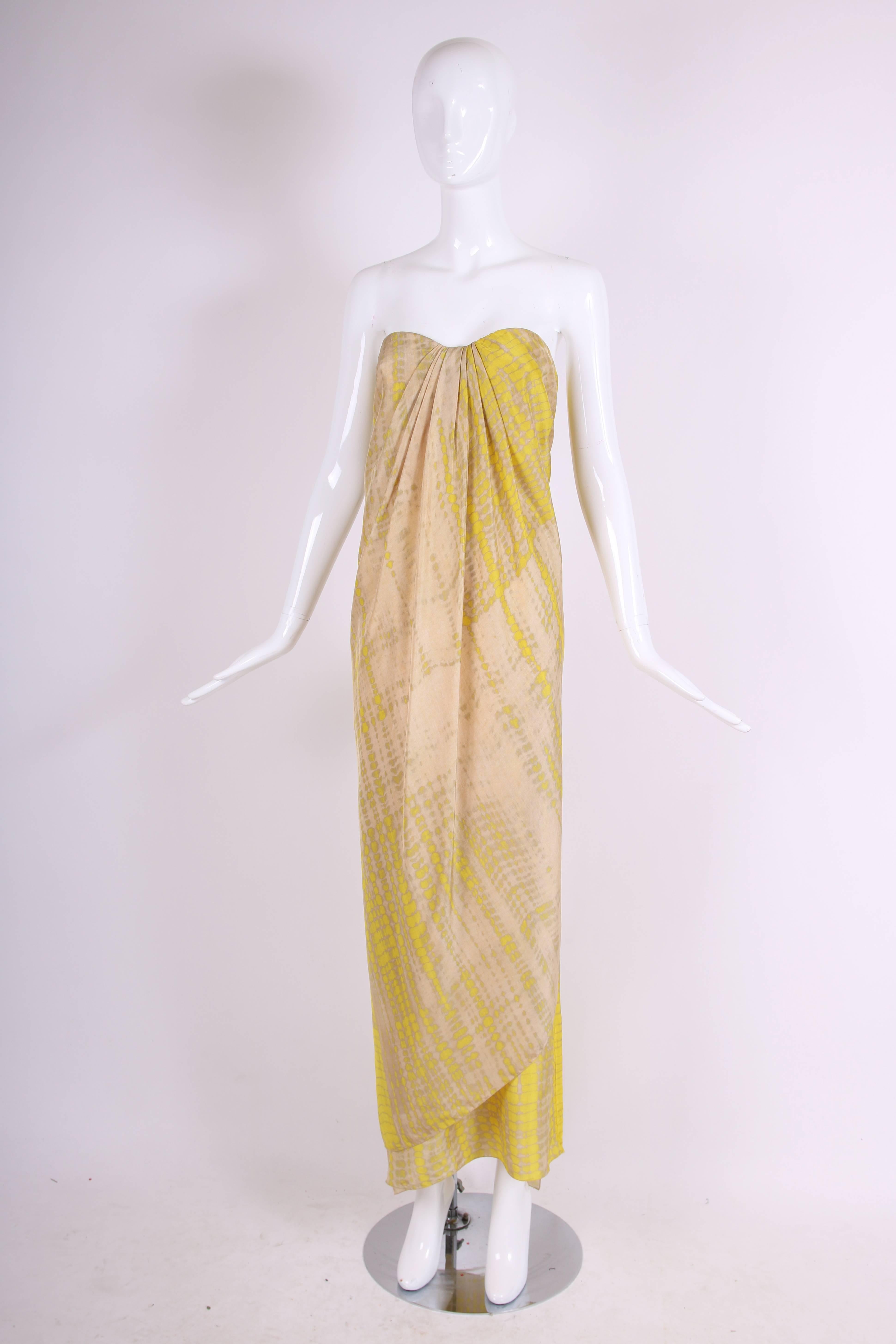 Beige 2003 Alexander McQueen Silk Printed Strapless Draped Column Evening Gown For Sale