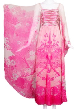 1970's Hanae Mori Couture Pink Chiffon Beaded Floral Print Evening Gown