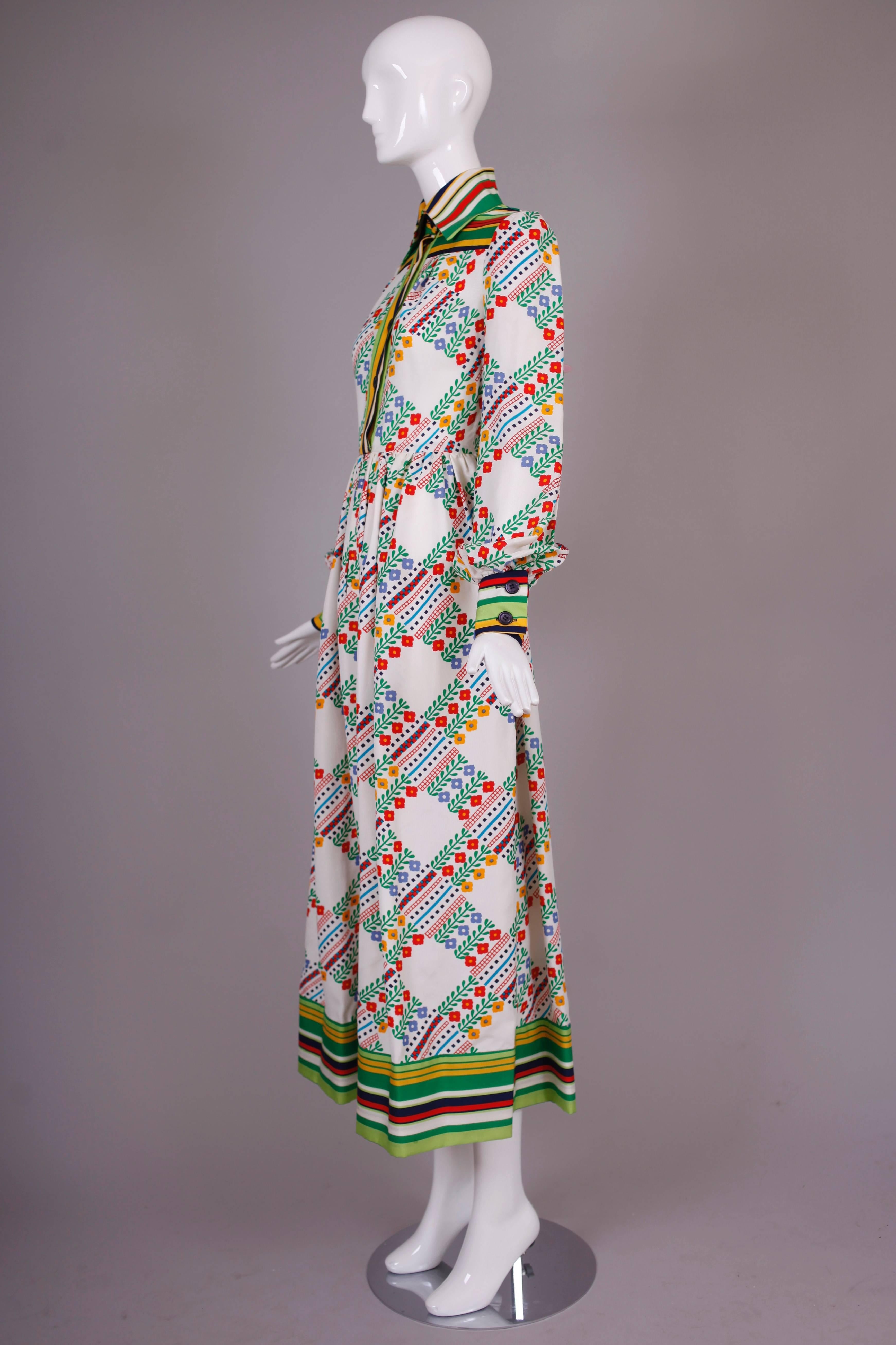 Women's 1970's Jean Varon Floral Print Maxi Dress w/Striped Trim