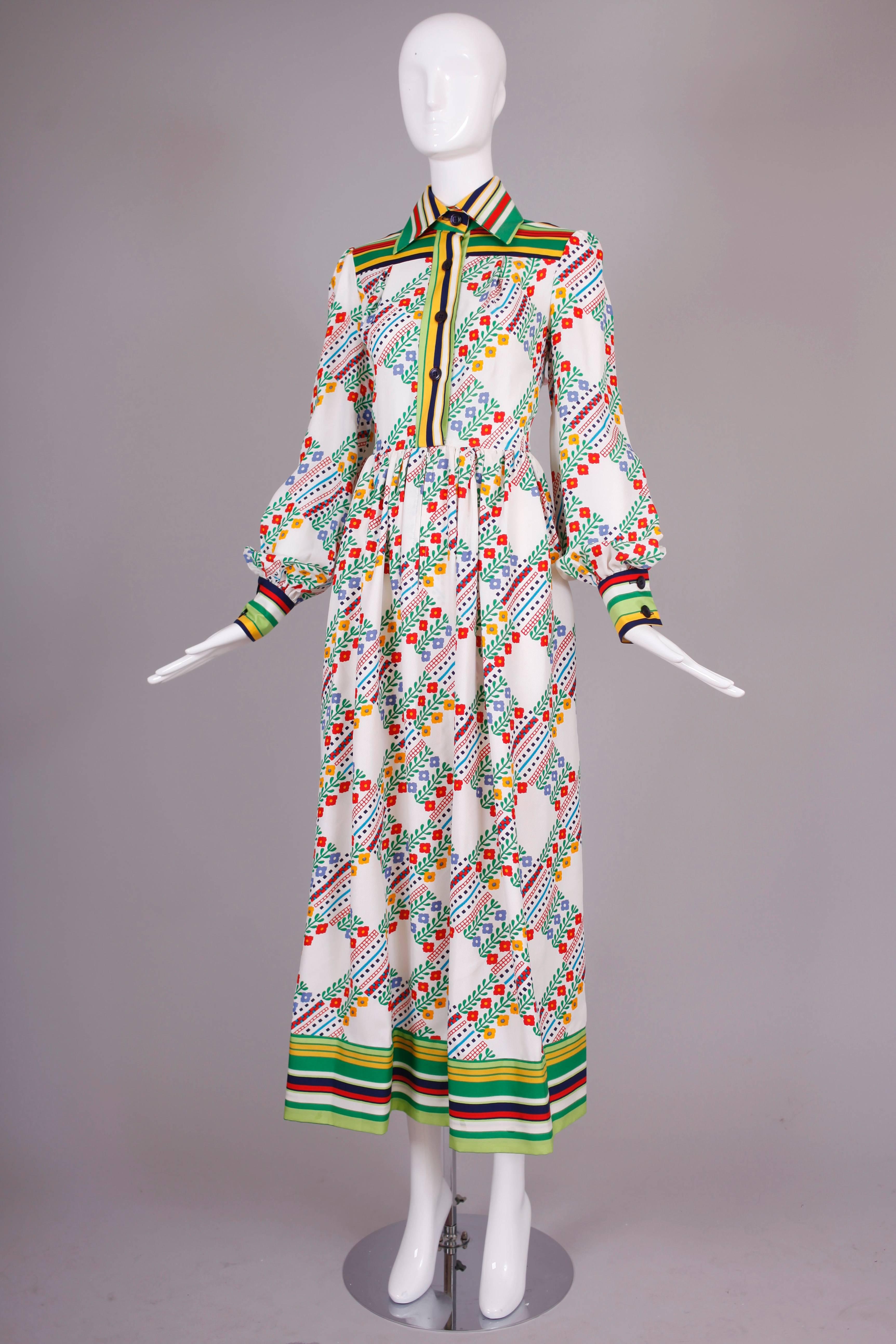 Gray 1970's Jean Varon Floral Print Maxi Dress w/Striped Trim