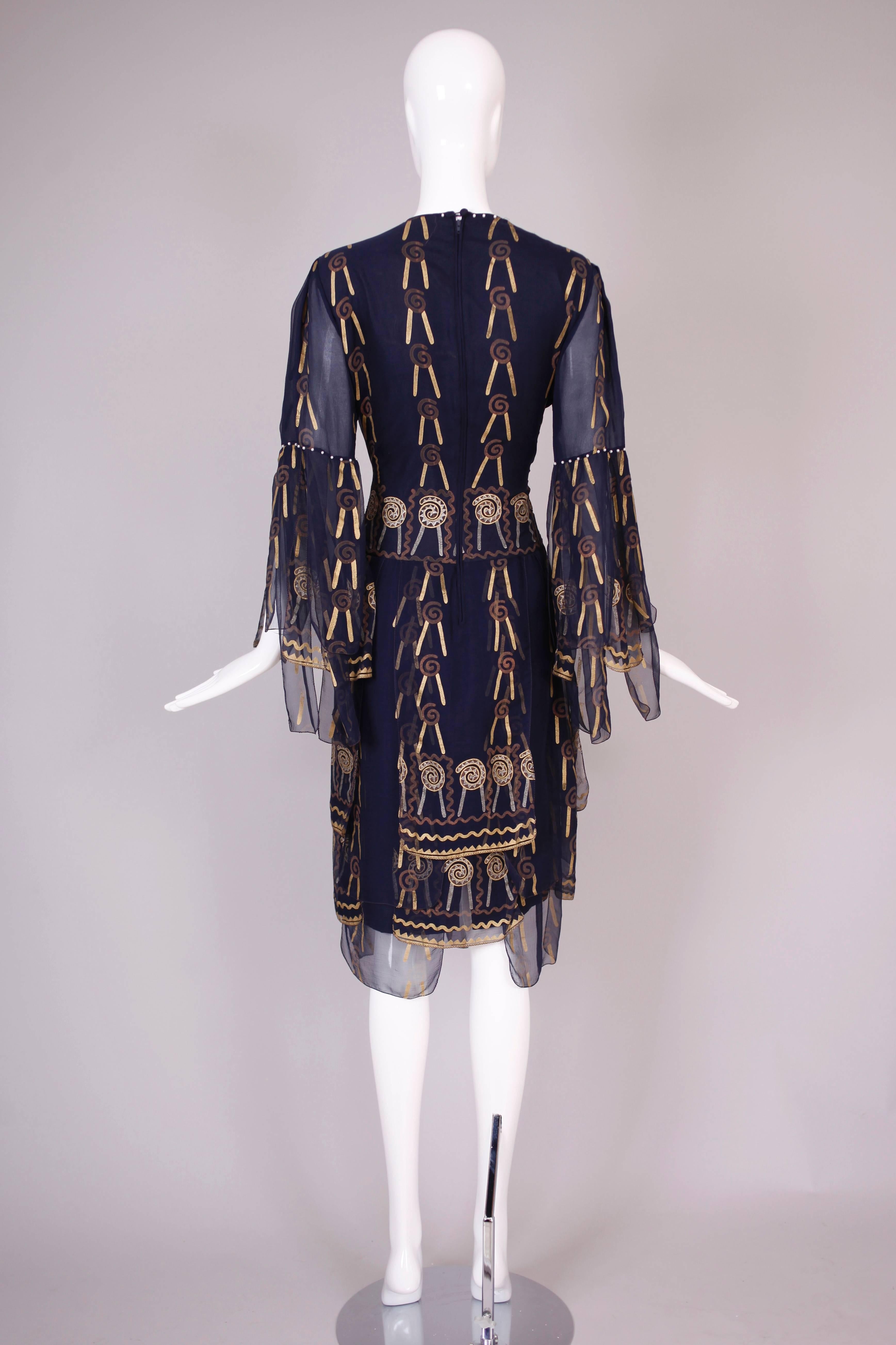Zandra Rhodes Hand-Painted 100% Silk Chiffon Dress Embellished w/Pearls 1