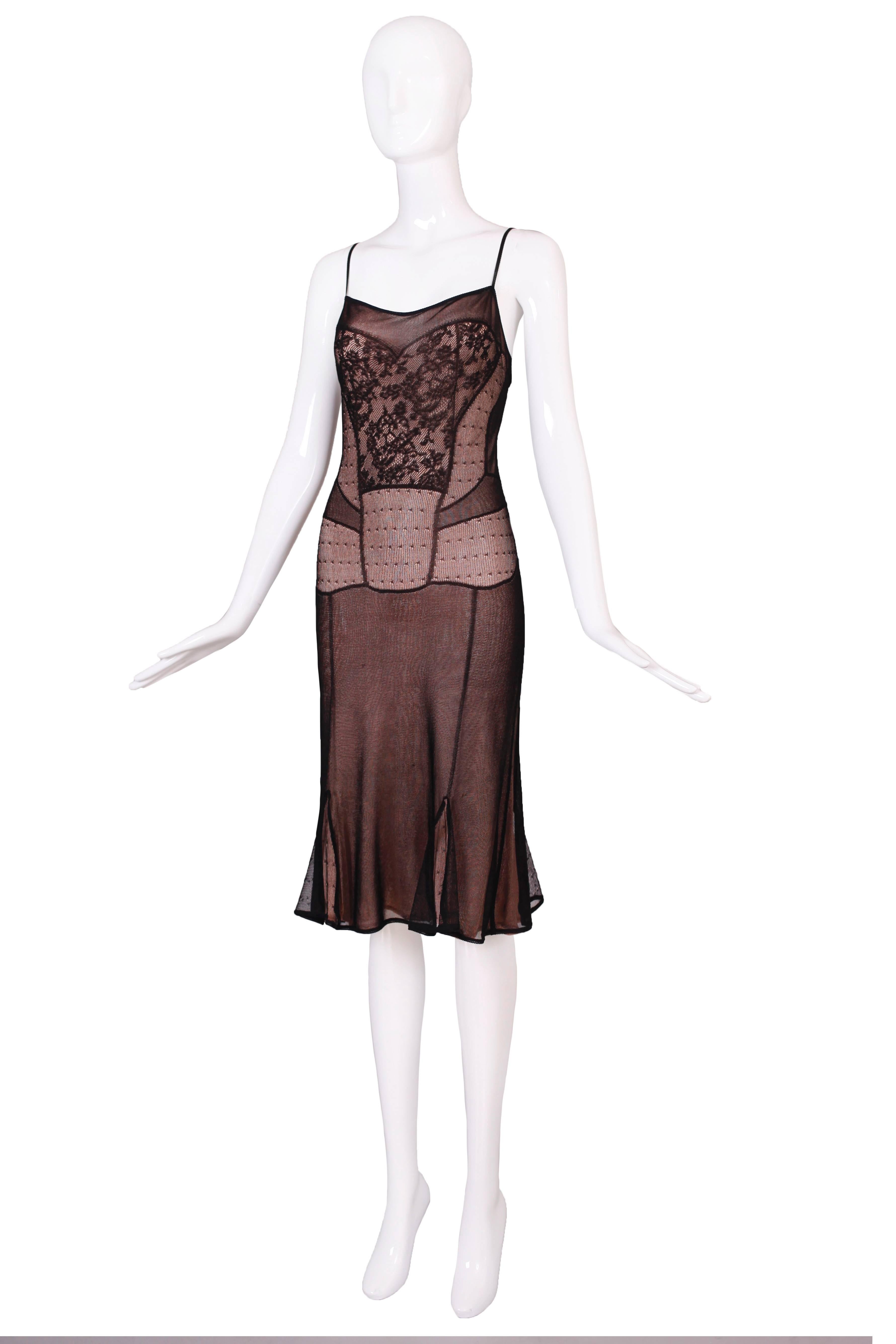 Christian Dior by John Galliano black and nude mesh bias cut cocktail dress. In excellent condition. Size tag 8.