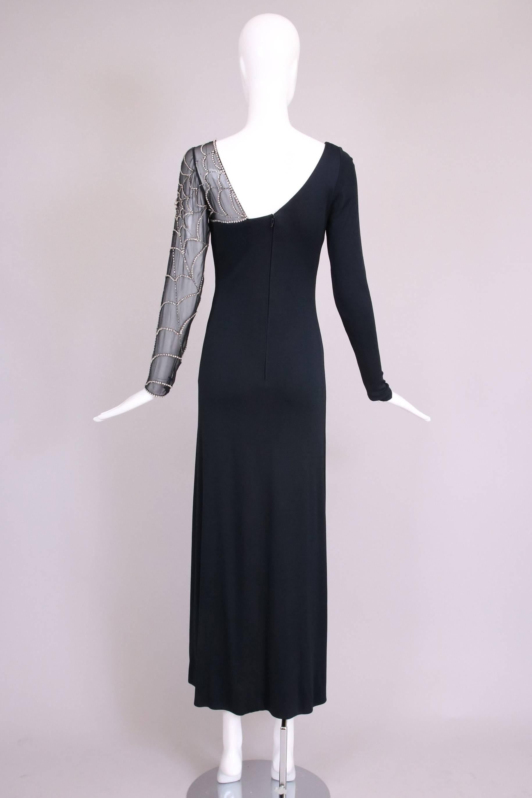 Women's Mollie Parnis Black Silk Jersey Evening Dress Gown w/Beaded Spiderweb Sleeves