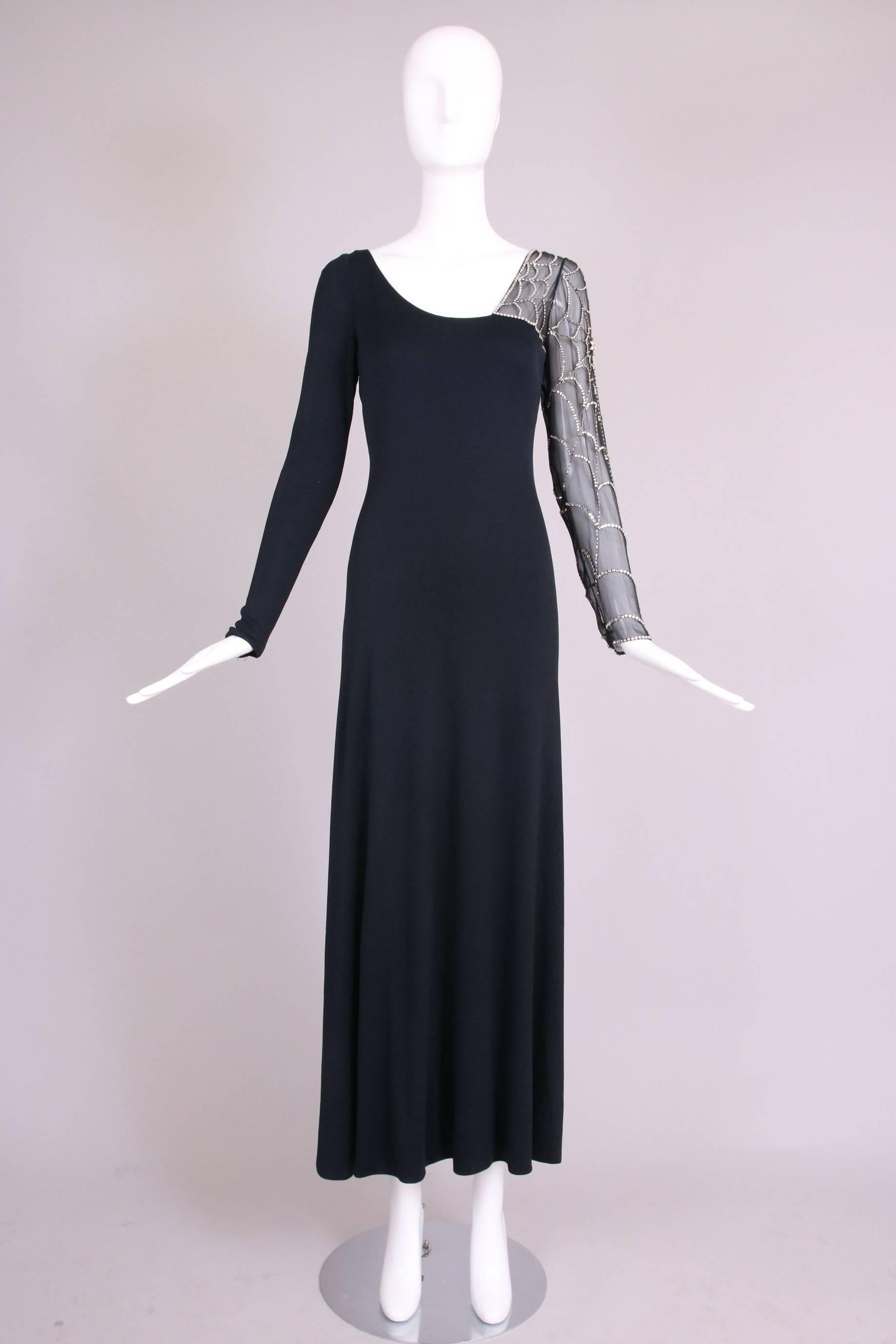 Mollie Parnis Black Silk Jersey Evening Dress Gown w/Beaded Spiderweb Sleeves In Excellent Condition In Studio City, CA