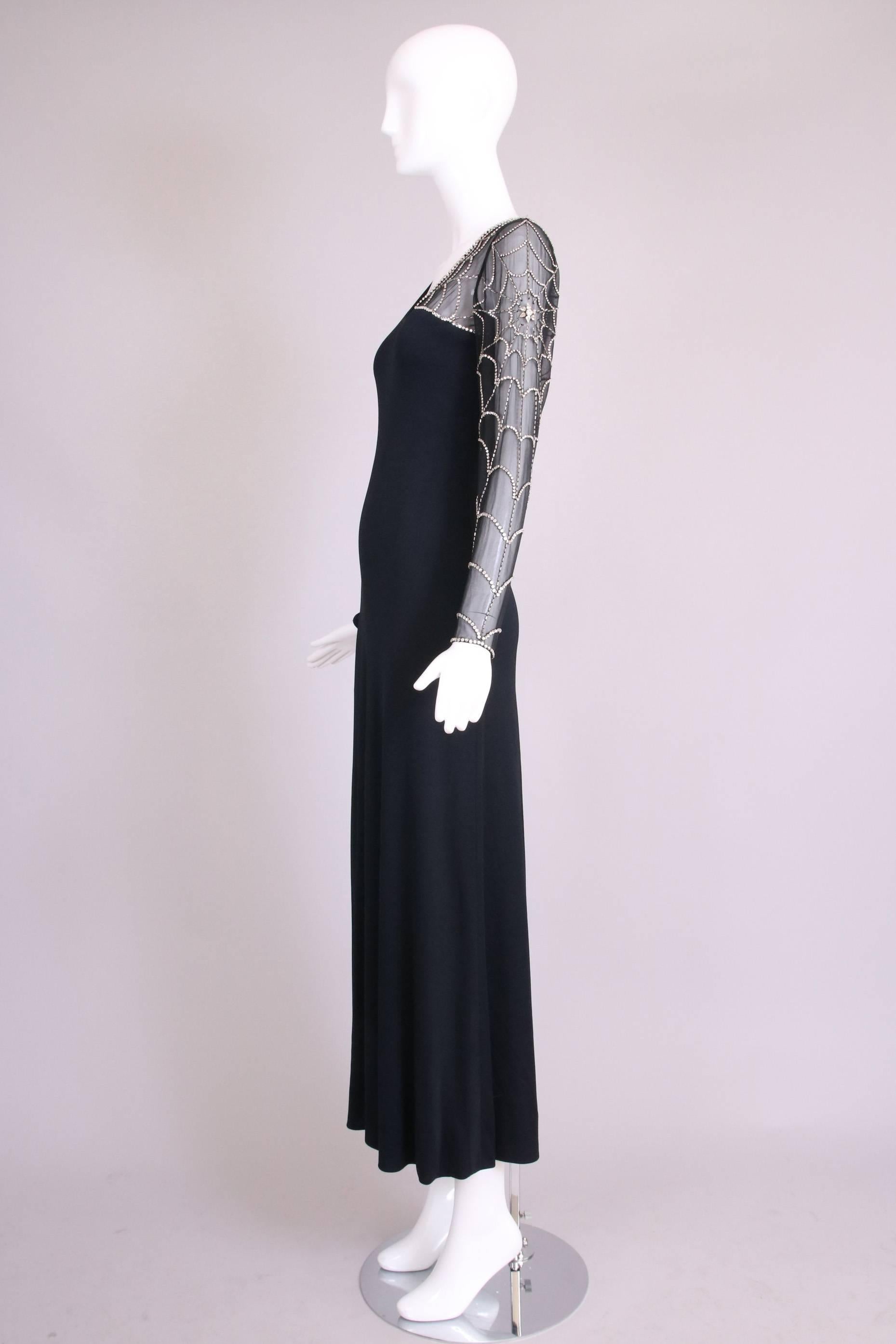 Mollie Parnis Black Silk Jersey Evening Dress Gown w/Beaded Spiderweb Sleeves 1