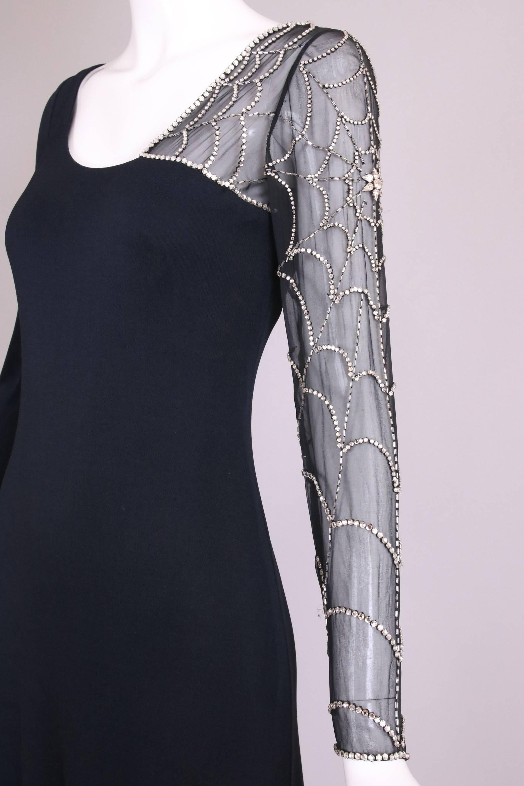Mollie Parnis Black Silk Jersey Evening Dress Gown w/Beaded Spiderweb Sleeves 2