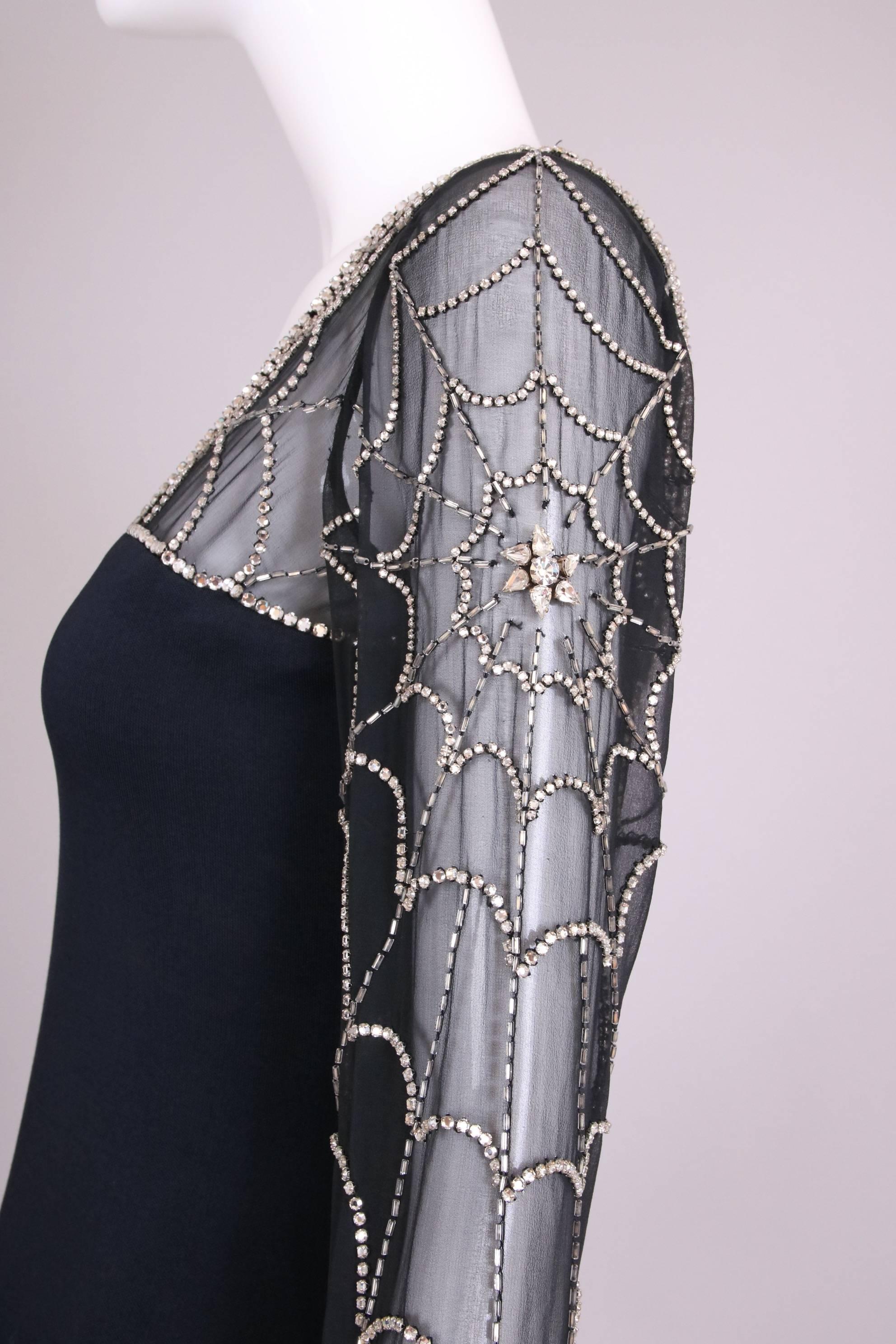 Mollie Parnis Black Silk Jersey Evening Dress Gown w/Beaded Spiderweb Sleeves 3