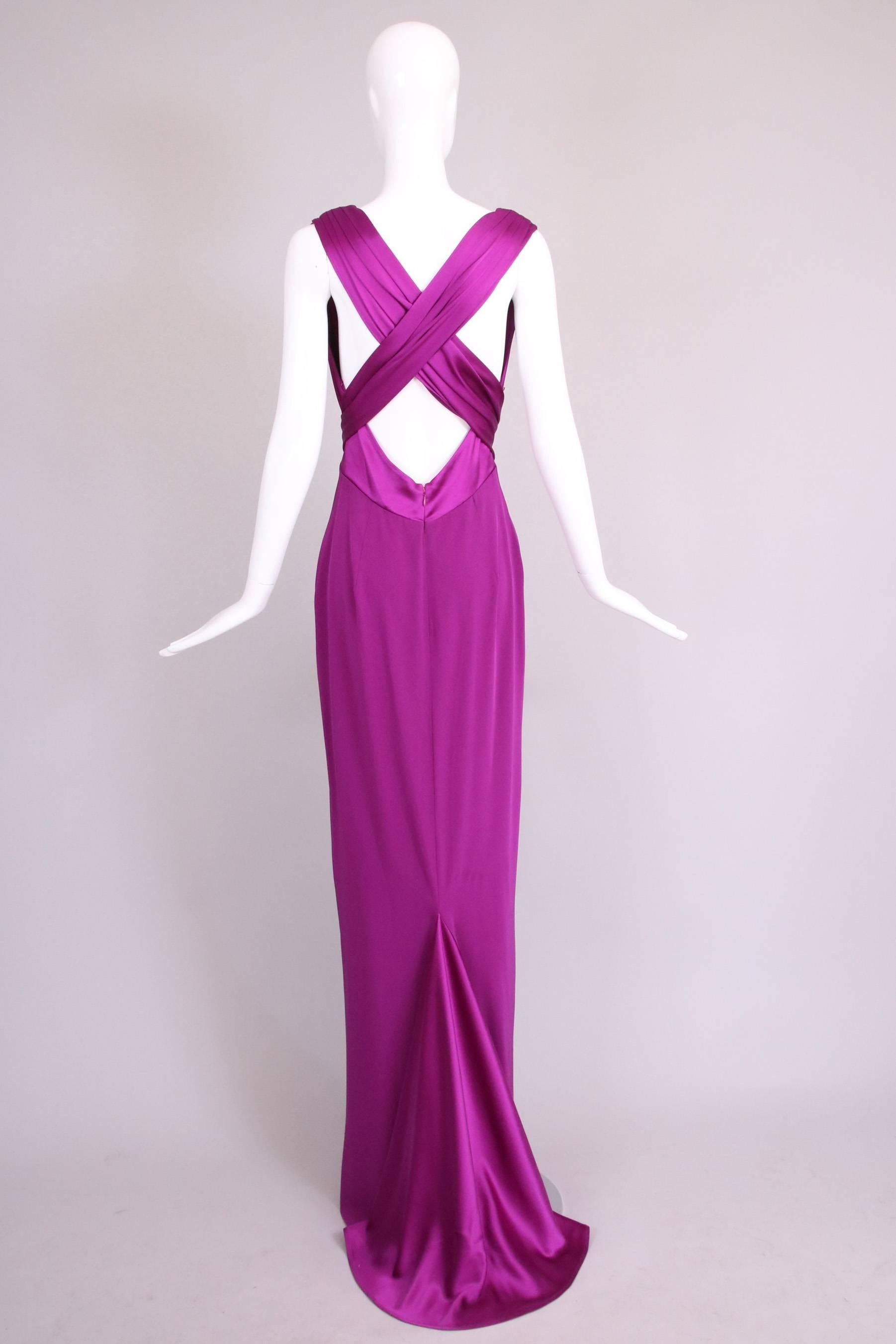 Dolce & Gabbana Fuchsia Silk Plunge V-Neck Evening Gown w/Mini Train In Excellent Condition In Studio City, CA