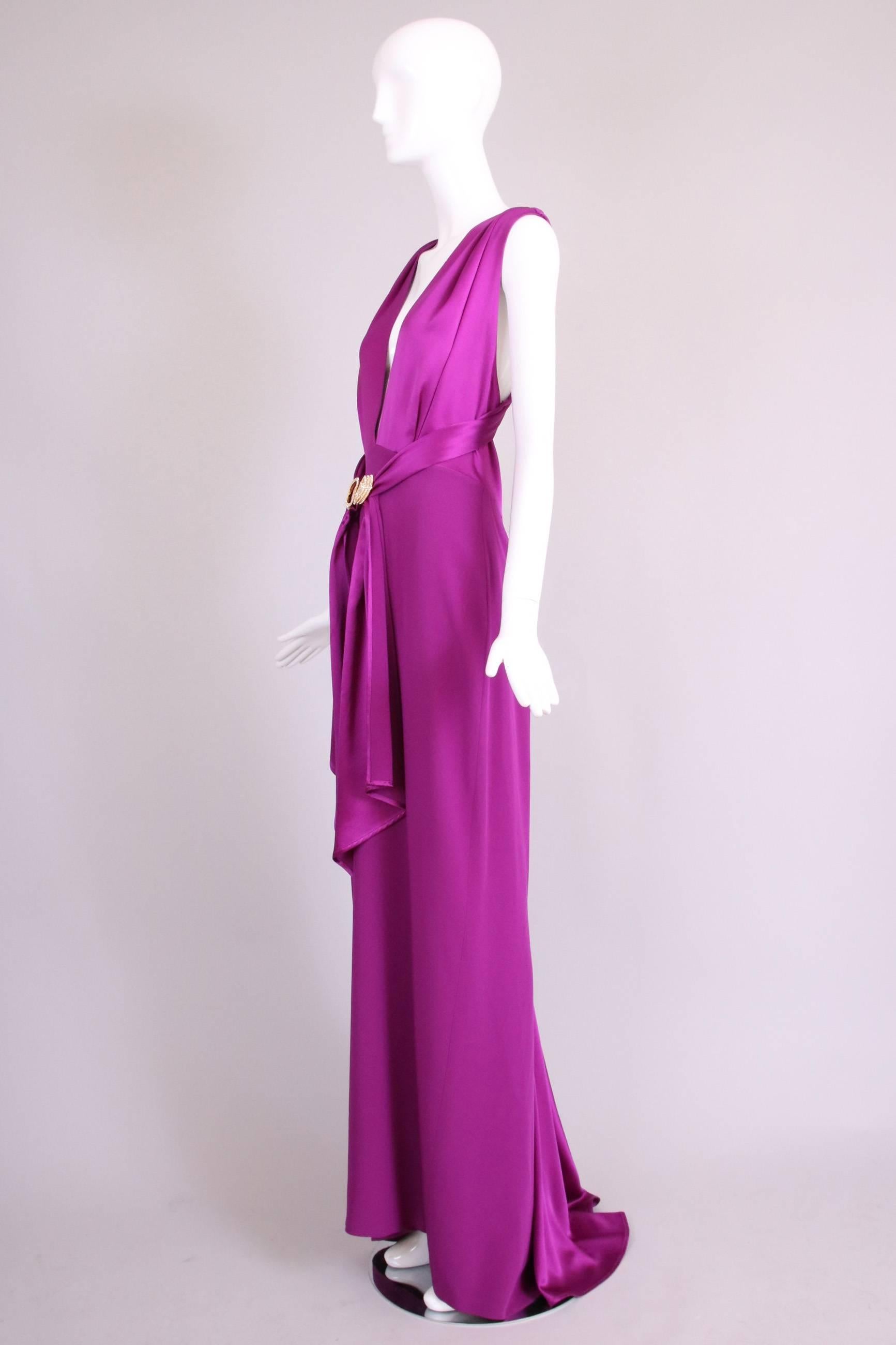 Women's Dolce & Gabbana Fuchsia Silk Plunge V-Neck Evening Gown w/Mini Train