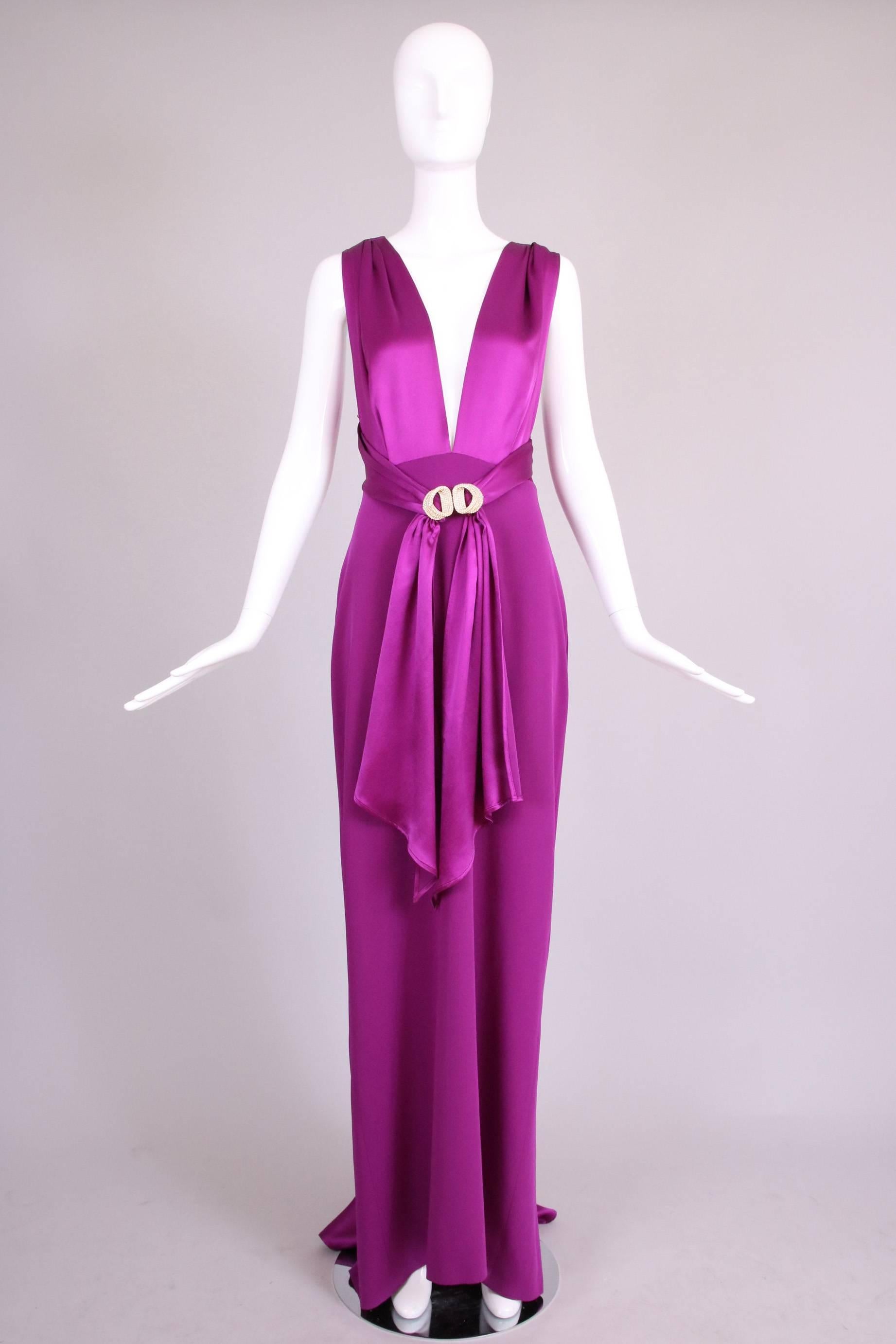 Purple Dolce & Gabbana Fuchsia Silk Plunge V-Neck Evening Gown w/Mini Train
