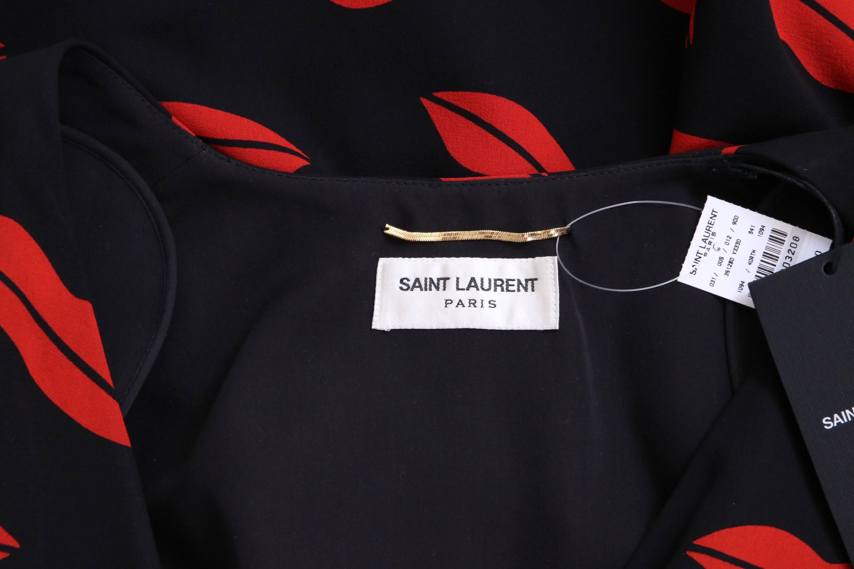 2013 Saint Laurent by Hedi Slimane Silk Black & Red Lips Print Wrap Dress NWT In New Condition In Studio City, CA