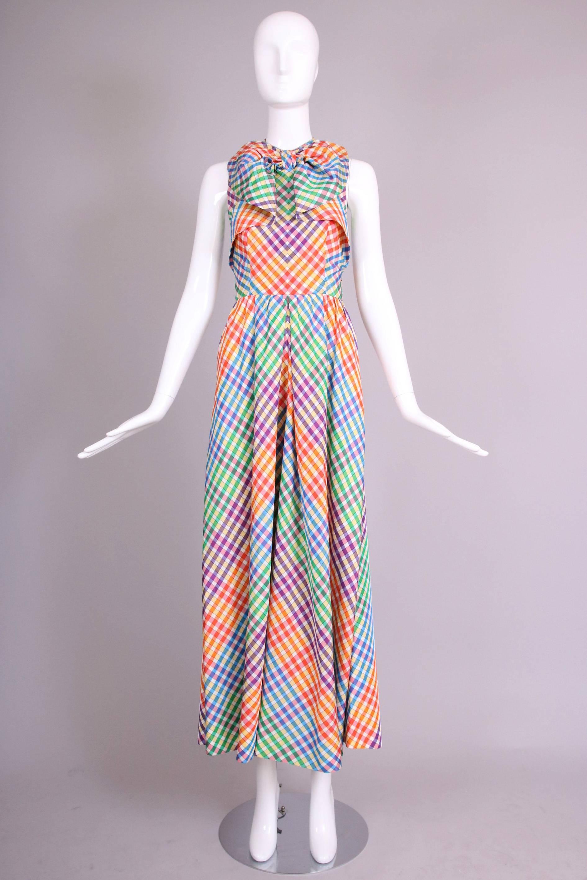 Beige 1970's Geoffrey Beene Multicolored Taffeta Plaid Dress w/Oversized Bow