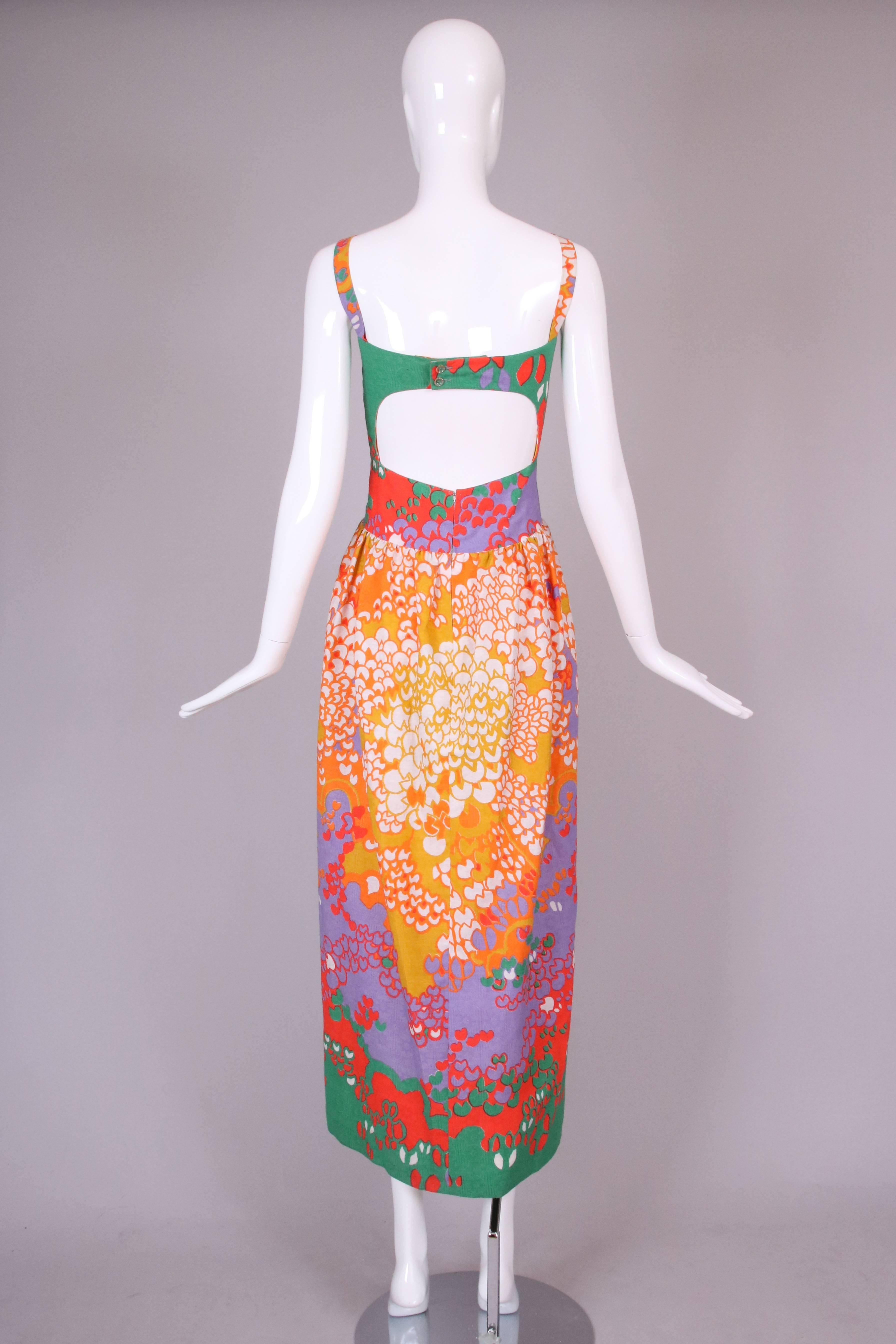 Orange 1970's Marie Martine Printed Maxi Dress Sundress w/Open Back Cutouts