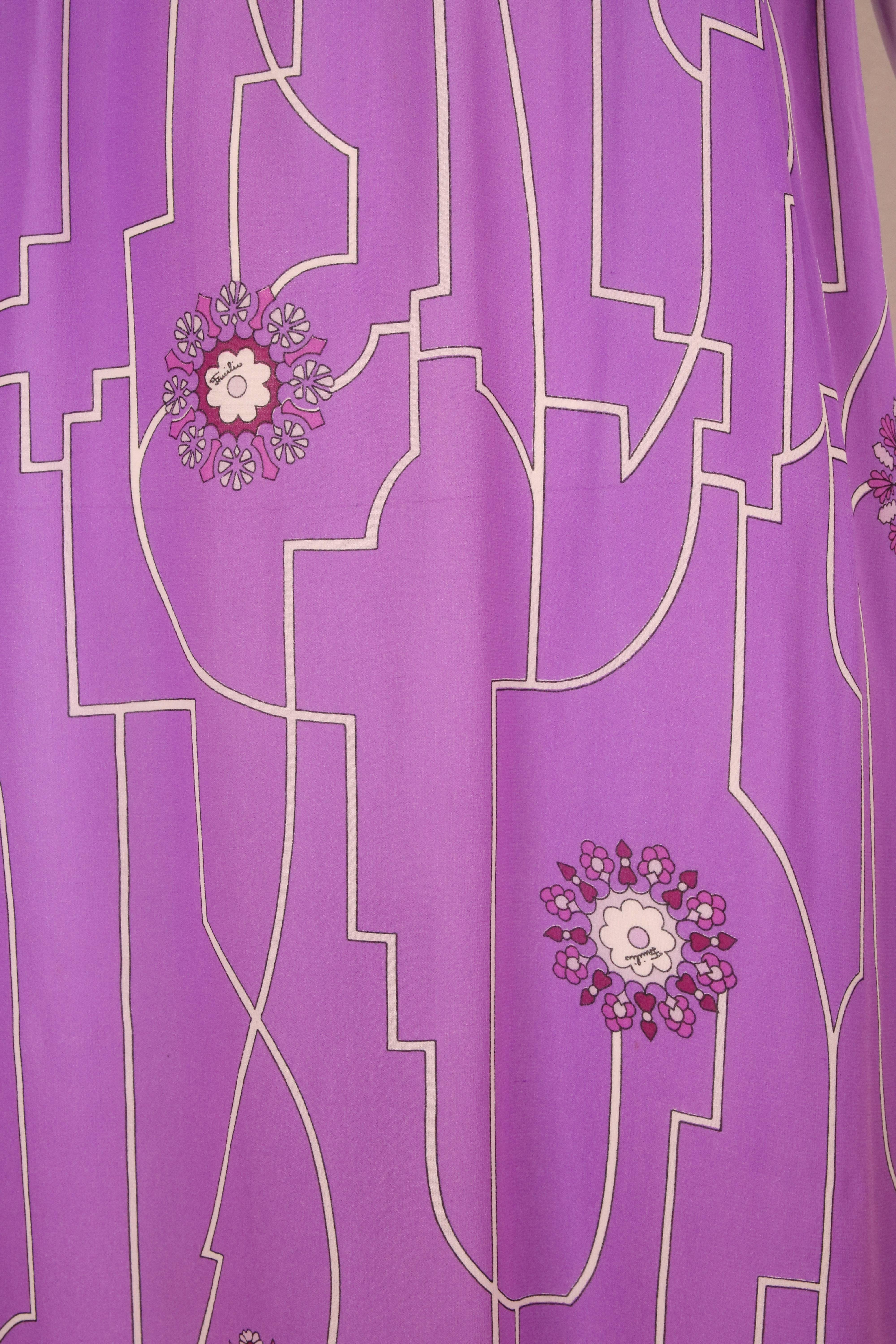 Purple 1970's Pucci Silk Chiffon Maxi Dress w/Geometric Print