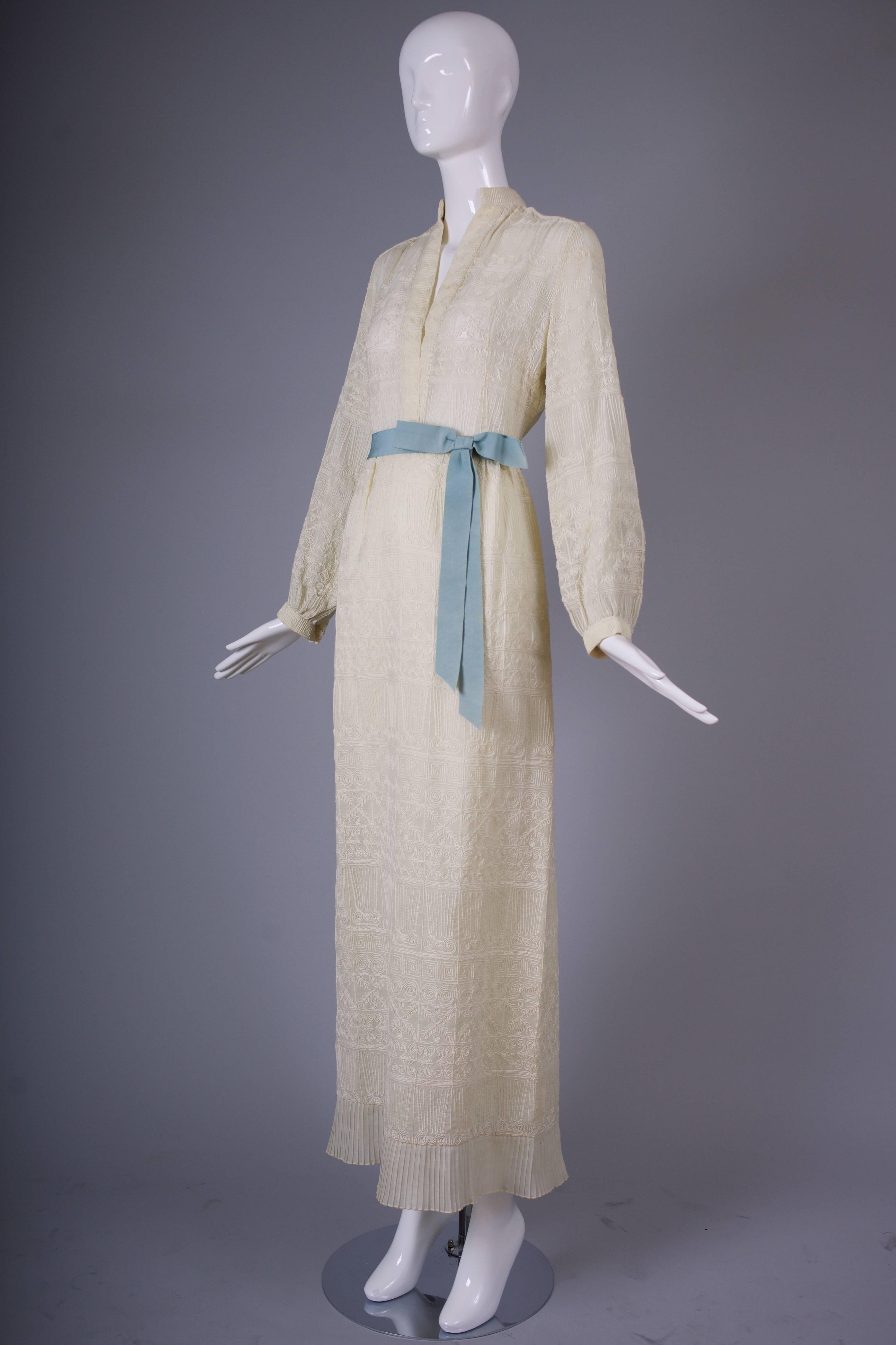 Gray 1970s Pat Sandler Embroidered Tea Gown or Wedding Gown