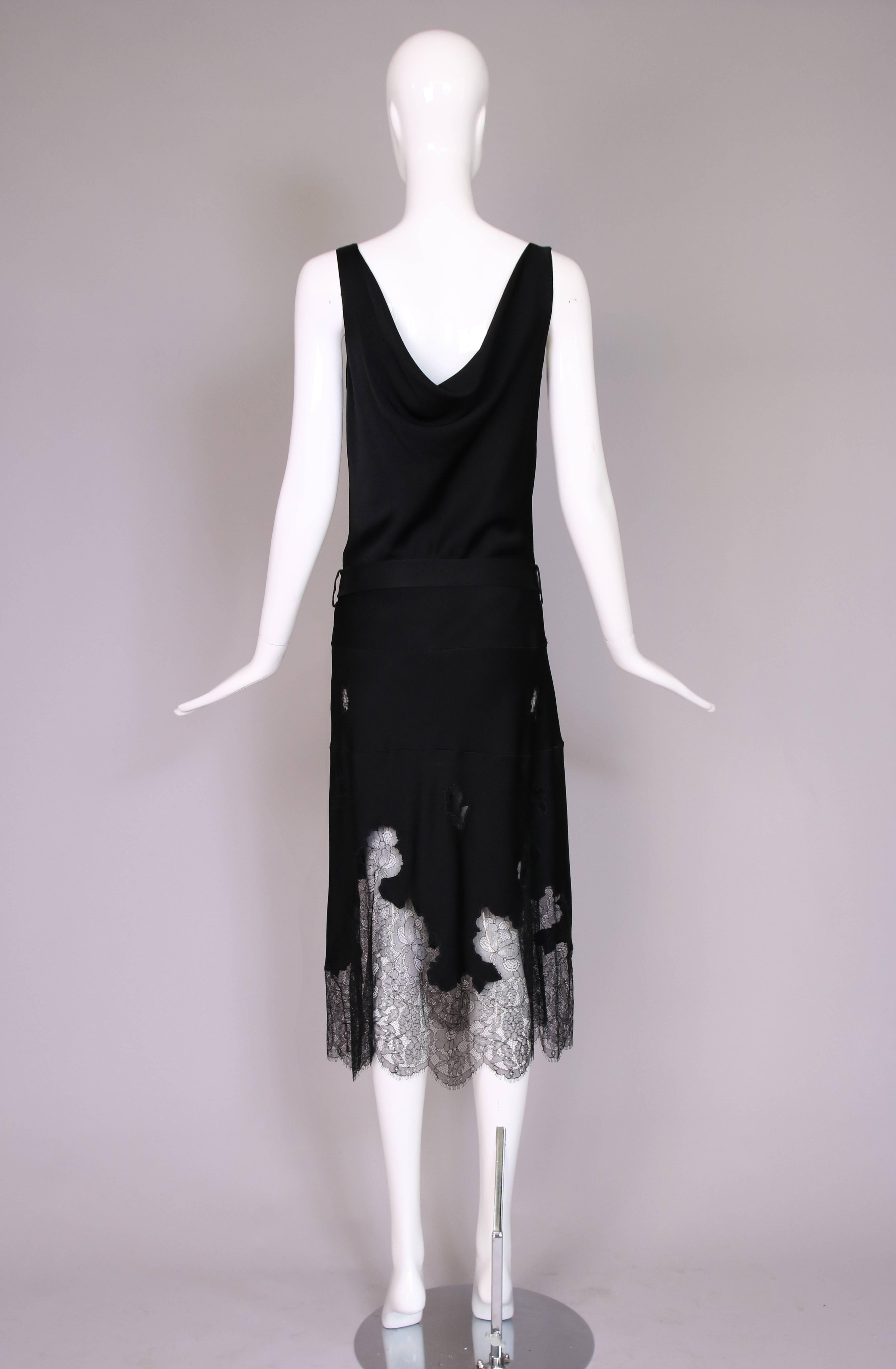 Women's 2000's John Galliano Black Bias Cut Evening Dress w/Lace Insets & Belt For Sale