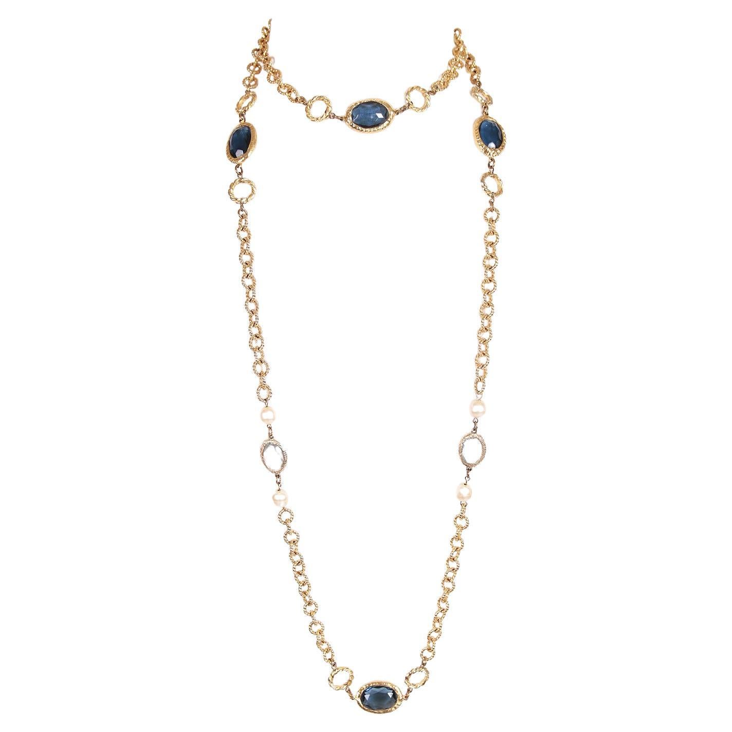 Vintage Chanel 1981 Sautoir Chain Necklace w/Pearl & Bevel-Set Gripoix beads For Sale