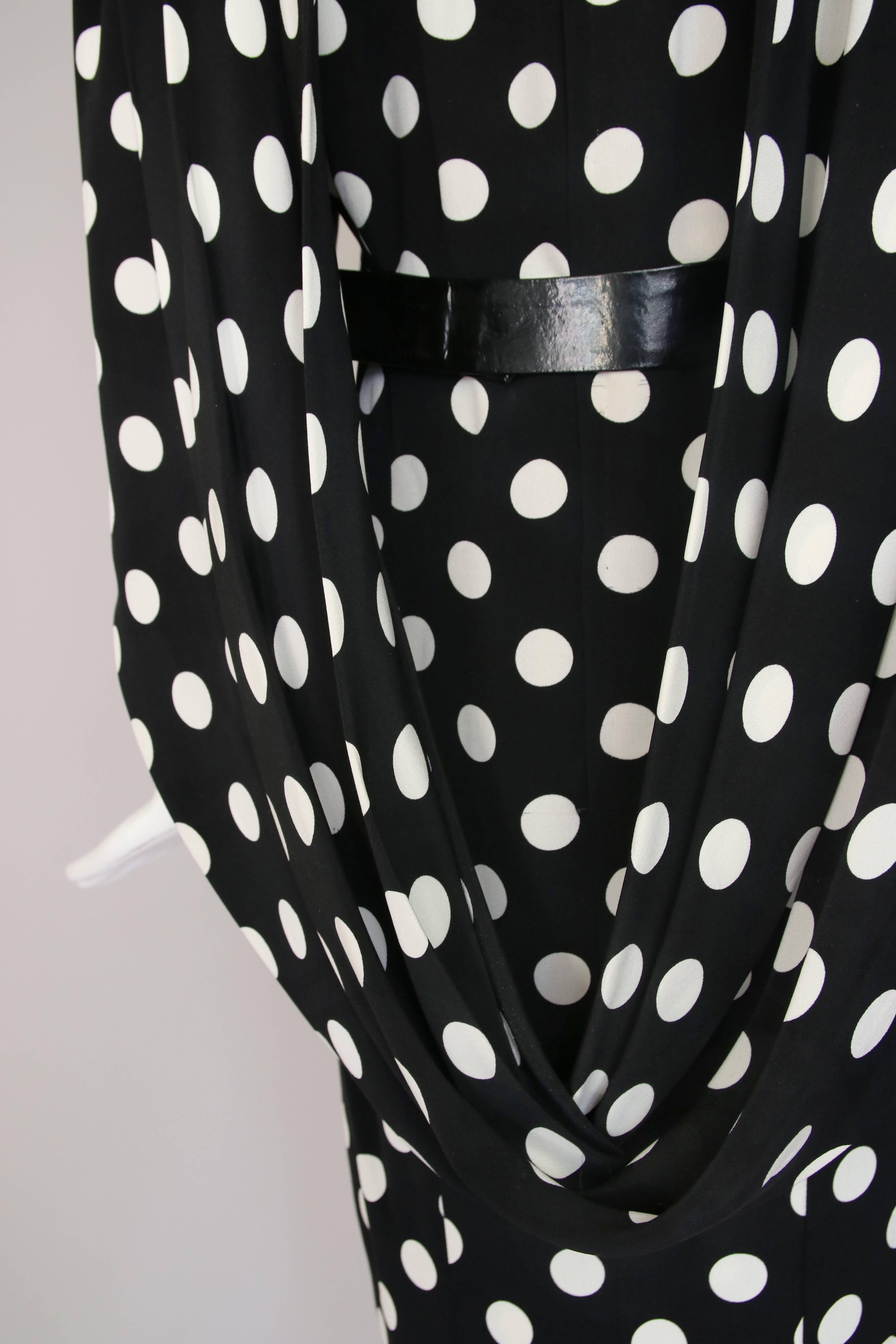 Black 1987 Pierre Balmain Haute Couture Silk Polka Dot Dress w/Back Drape No. 170469