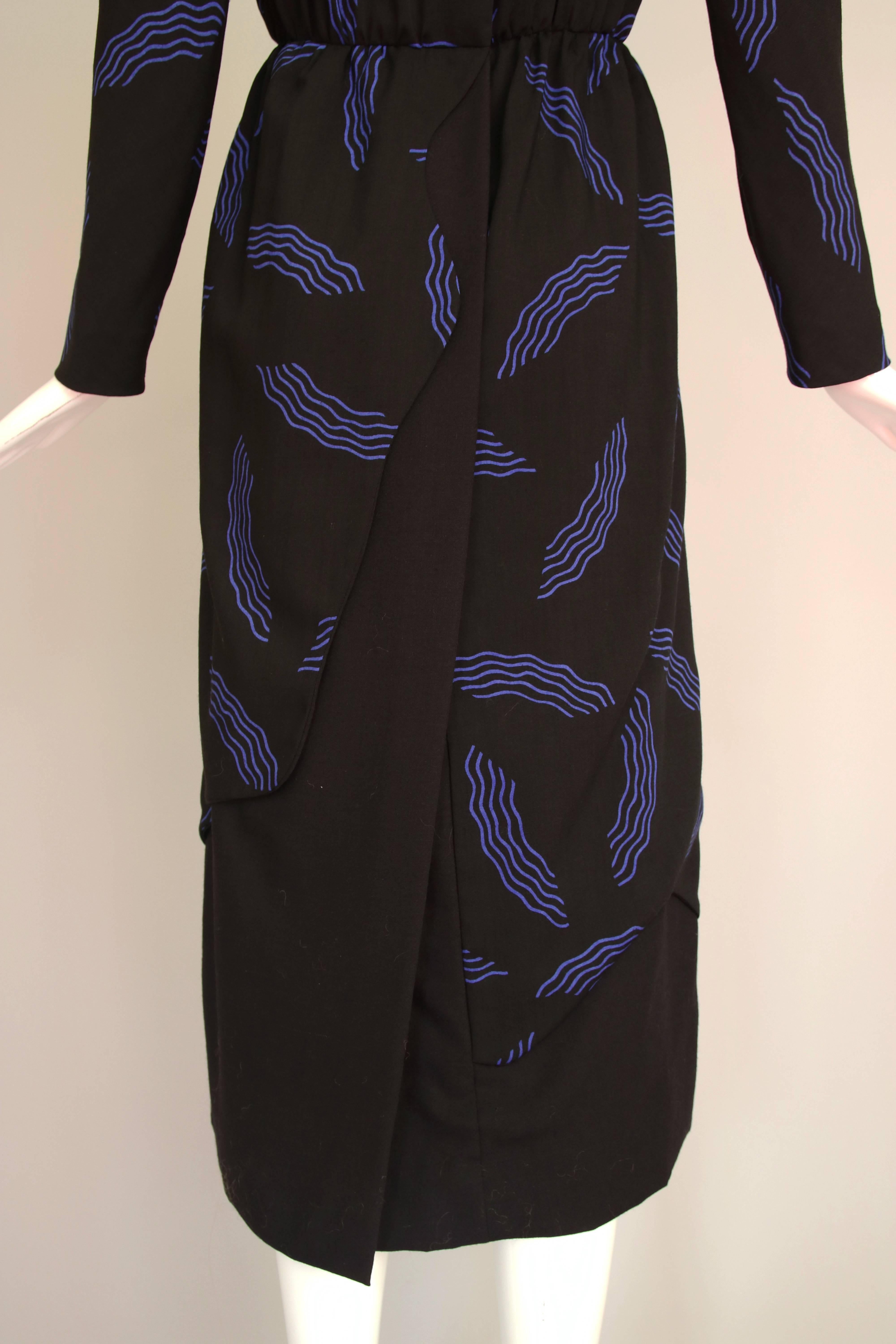 Vintage Carolina Herrera Black Day Dress w/Blue Abstract Print In Excellent Condition In Studio City, CA