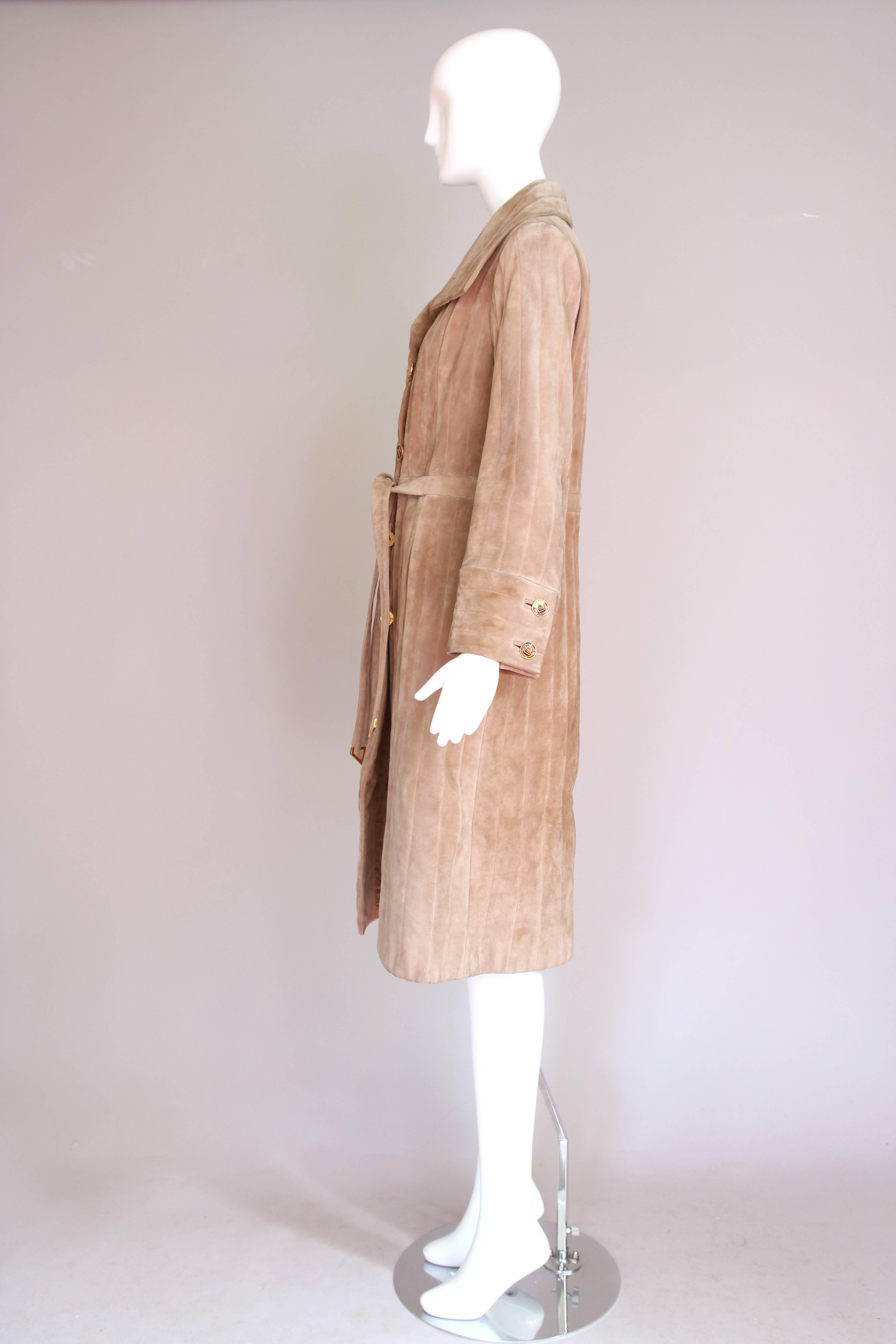 1970's Gucci Quilted Suede Coat w/Enameled Buttons & Attached Belt  In Excellent Condition In Studio City, CA