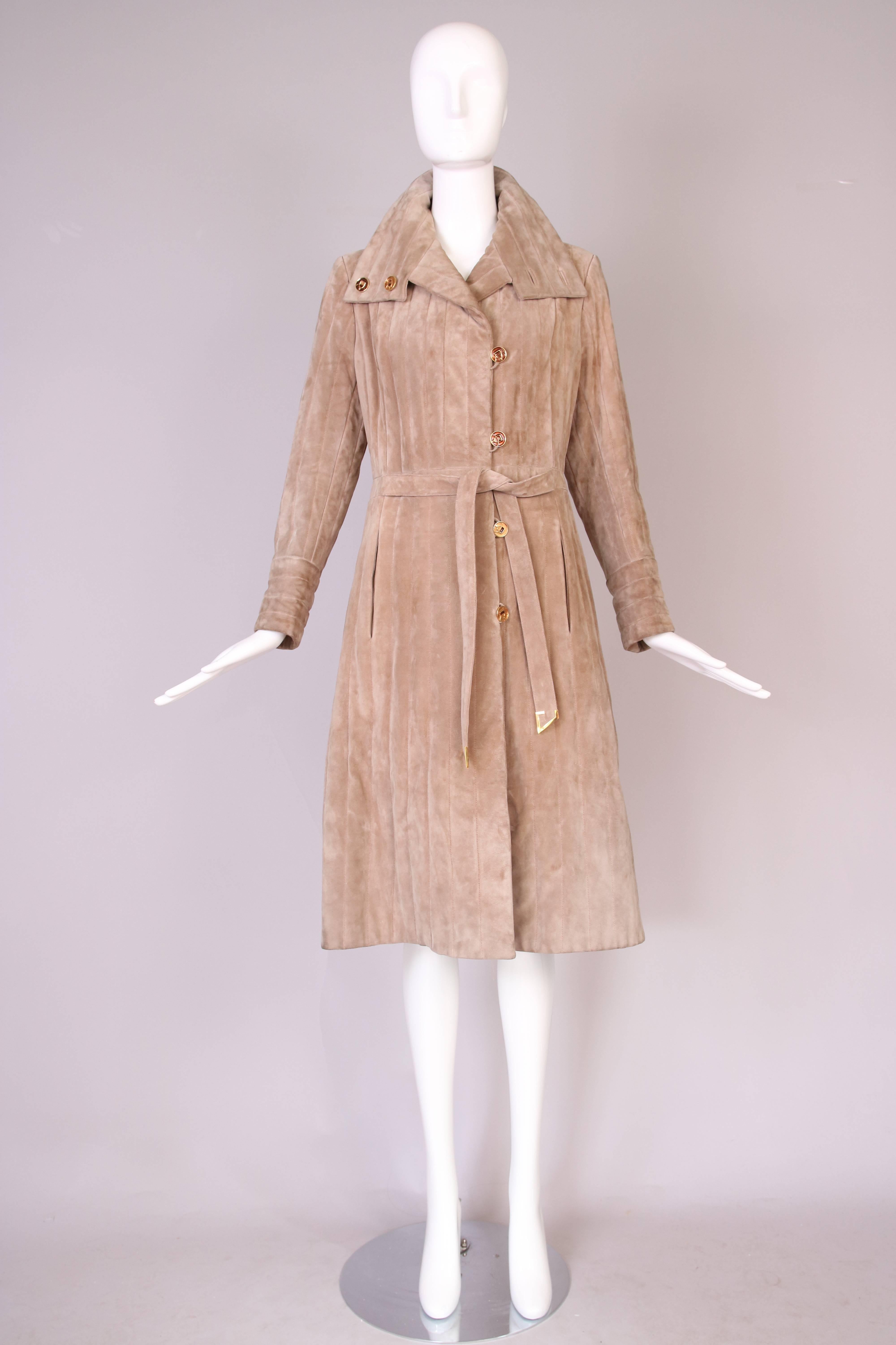 Beige 1970's Gucci Quilted Suede Coat w/Enameled Buttons & Attached Belt 