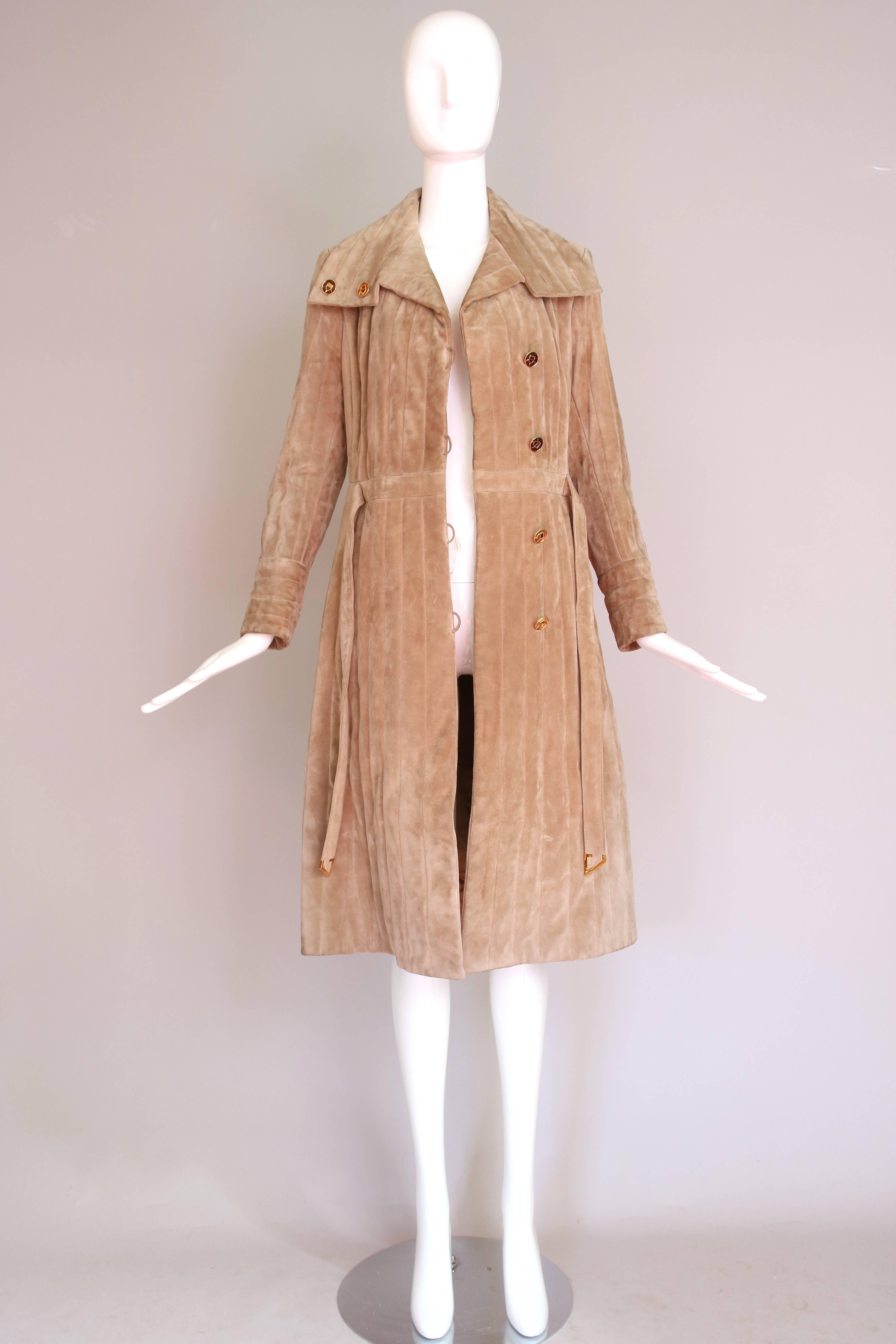 1970's Gucci Quilted Suede Coat w/Enameled Buttons & Attached Belt  3
