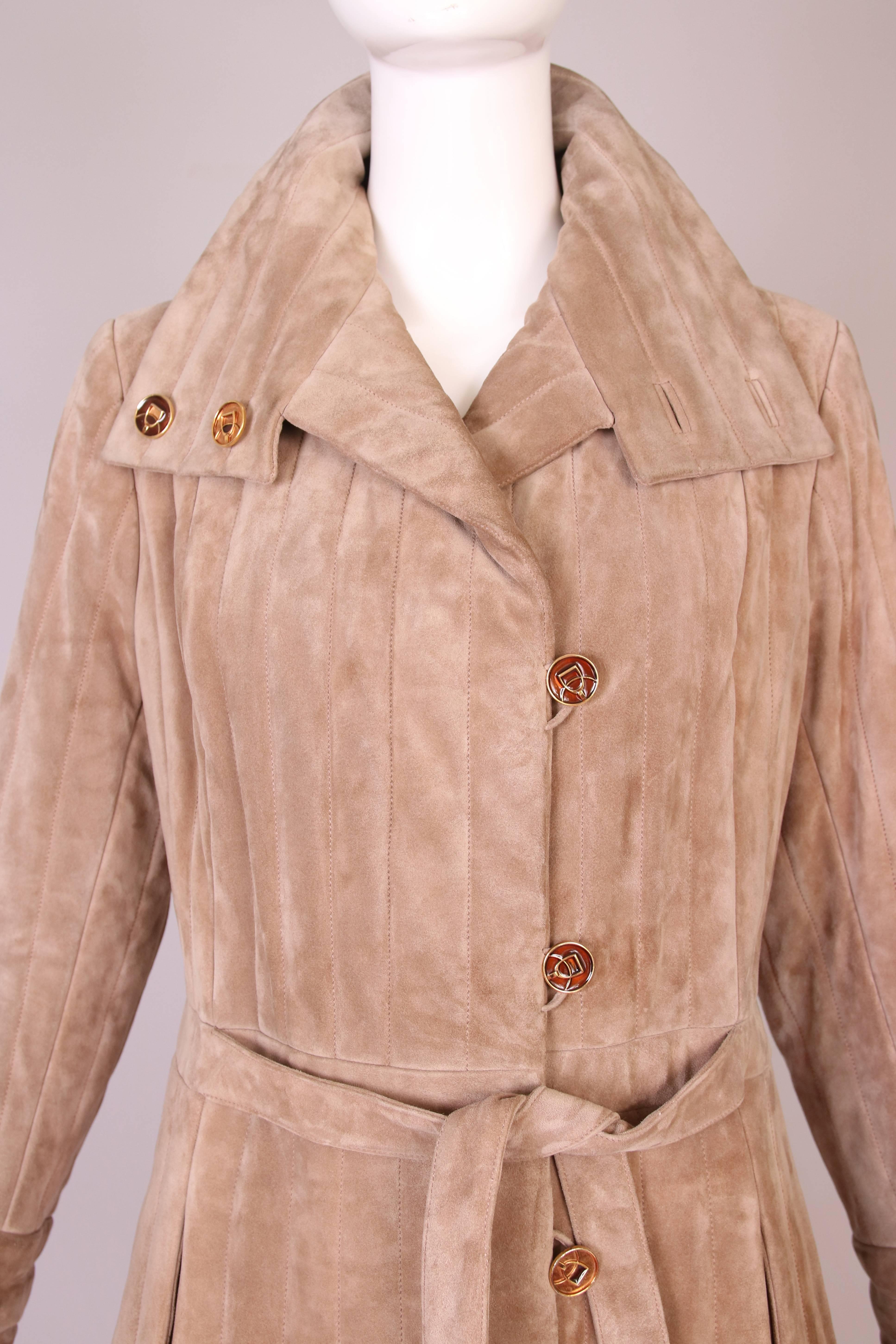 Women's 1970's Gucci Quilted Suede Coat w/Enameled Buttons & Attached Belt 