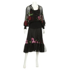 Vintage 2002 Christian Dior by Galliano 3-Piece Skirt & Blouse Set w/Velvet Floral Motif