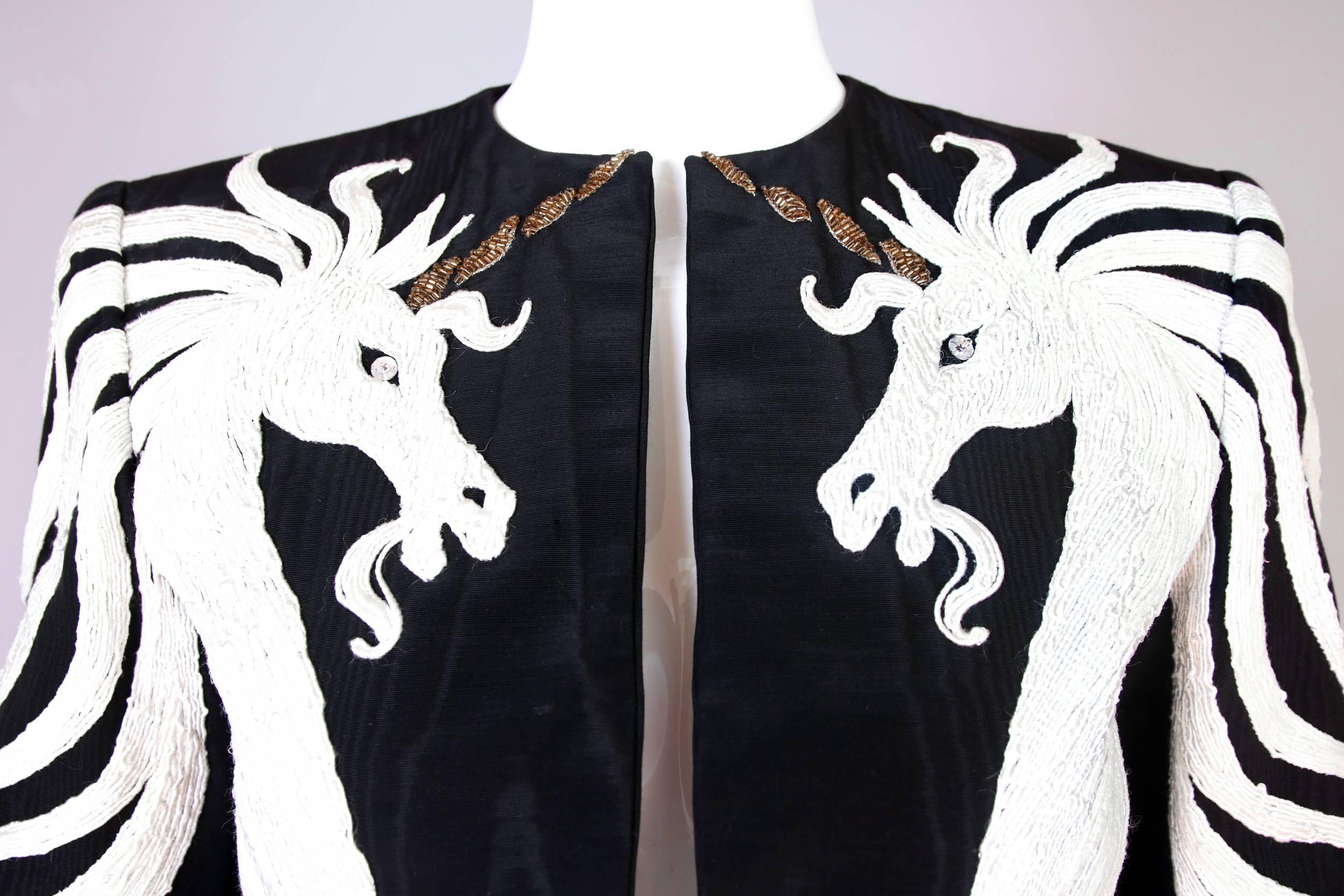1970's Bob Mackie Black Taffeta Cropped Embroidered Unicorn Motif Jacket In Excellent Condition In Studio City, CA