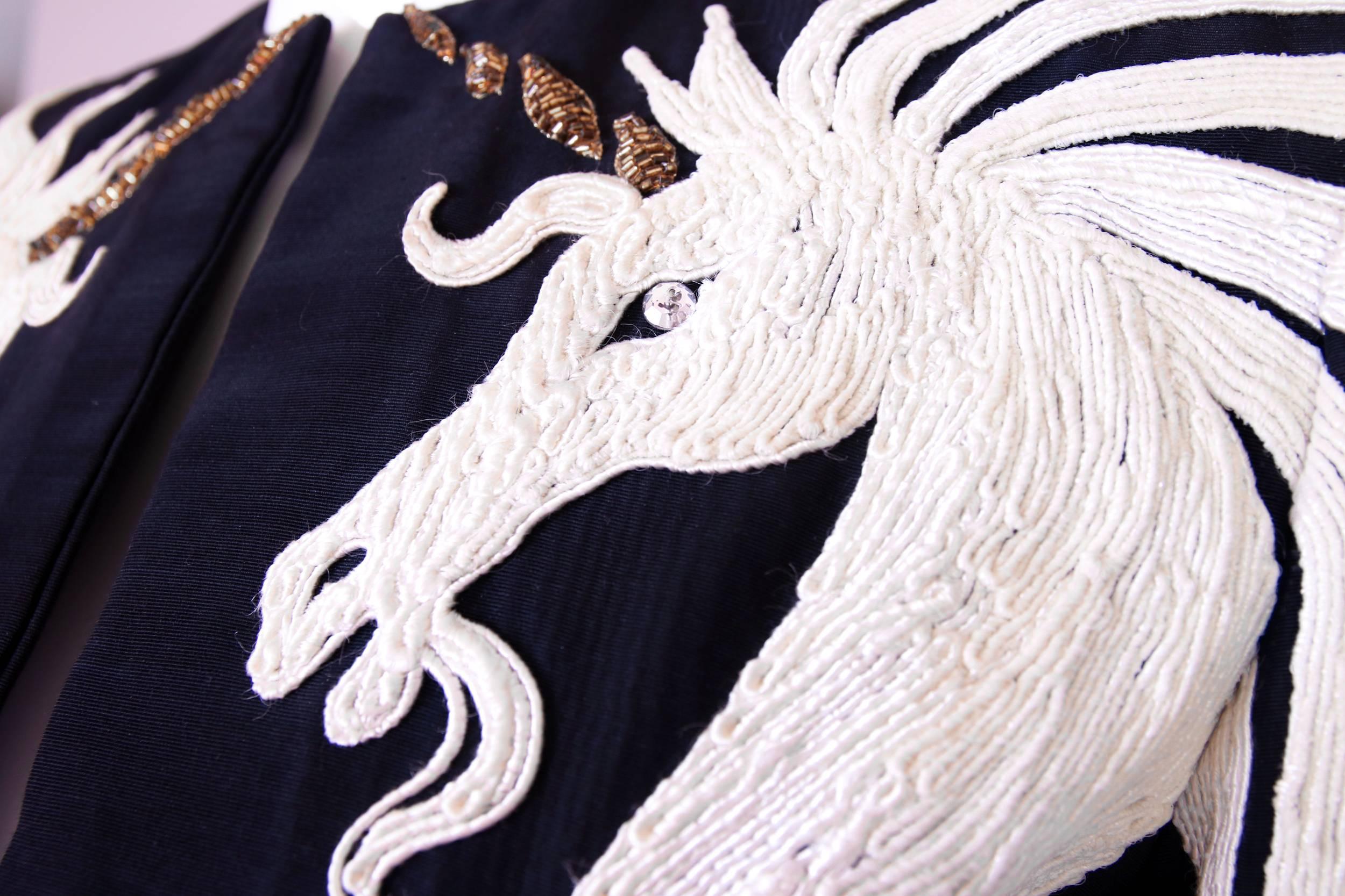 Women's 1970's Bob Mackie Black Taffeta Cropped Embroidered Unicorn Motif Jacket